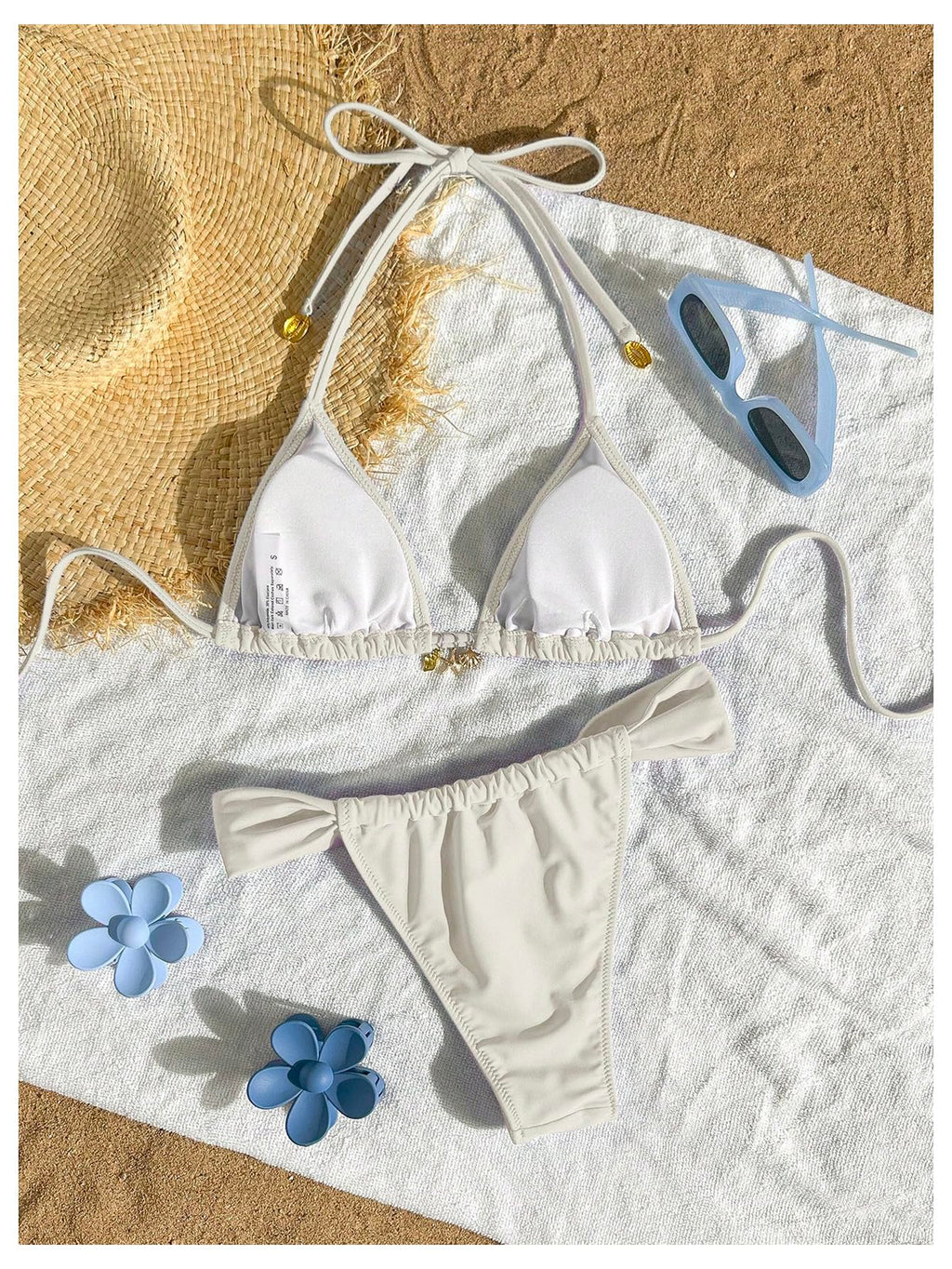 SOLY HUX Women's Halter String Bikini Sets High Cut Cheeky Thong Sexy Two Piece Swimsuits Bathing Suit Pure Beige Small