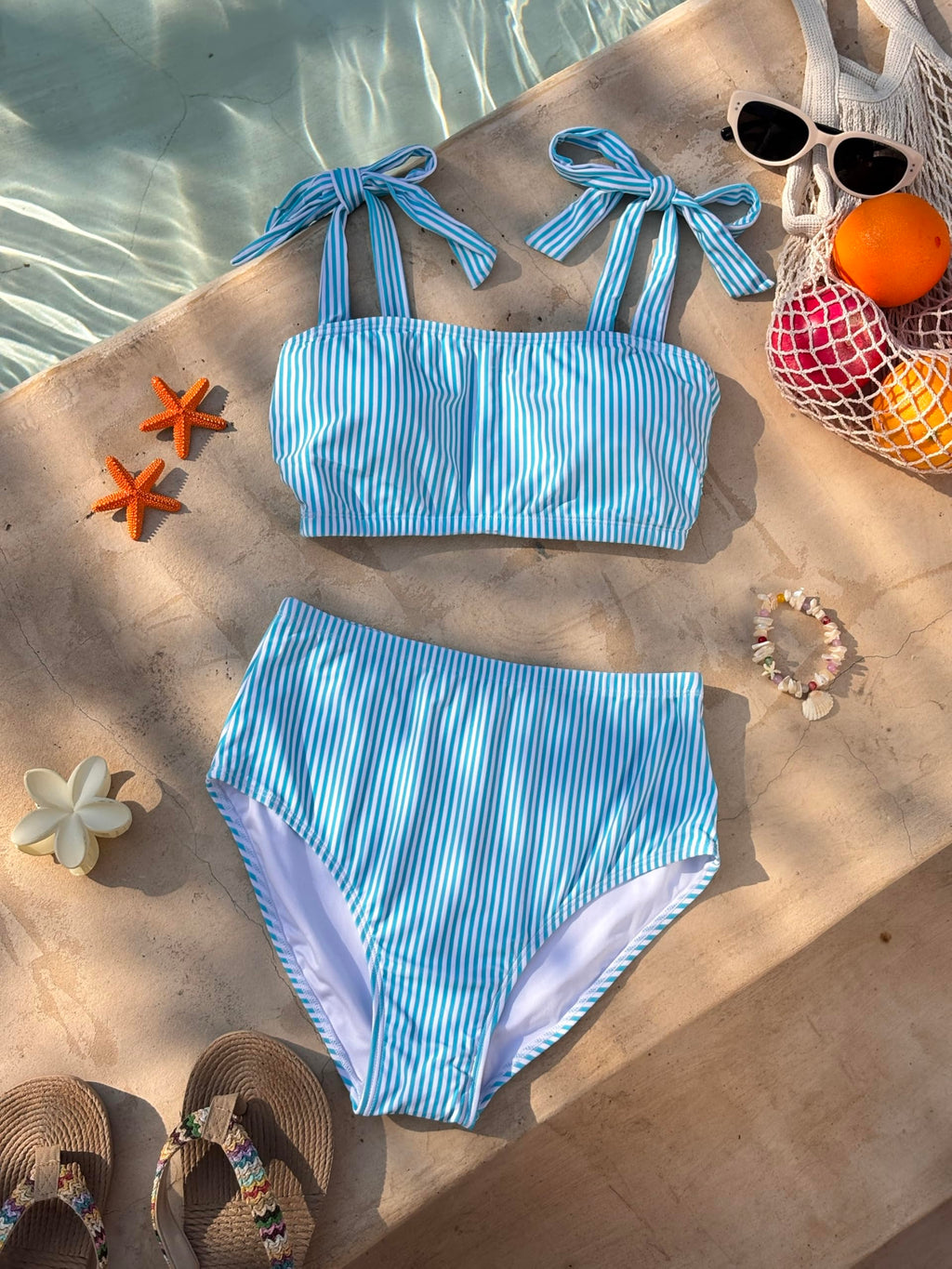Herseas Women's Striped Bikini Sets Shoulder Strap Knot Removable Pads 2 Piece Swimsuits High Waisted Tummy Control Bathing Suits Teen Cruise Essentials Medium Blue Stripes