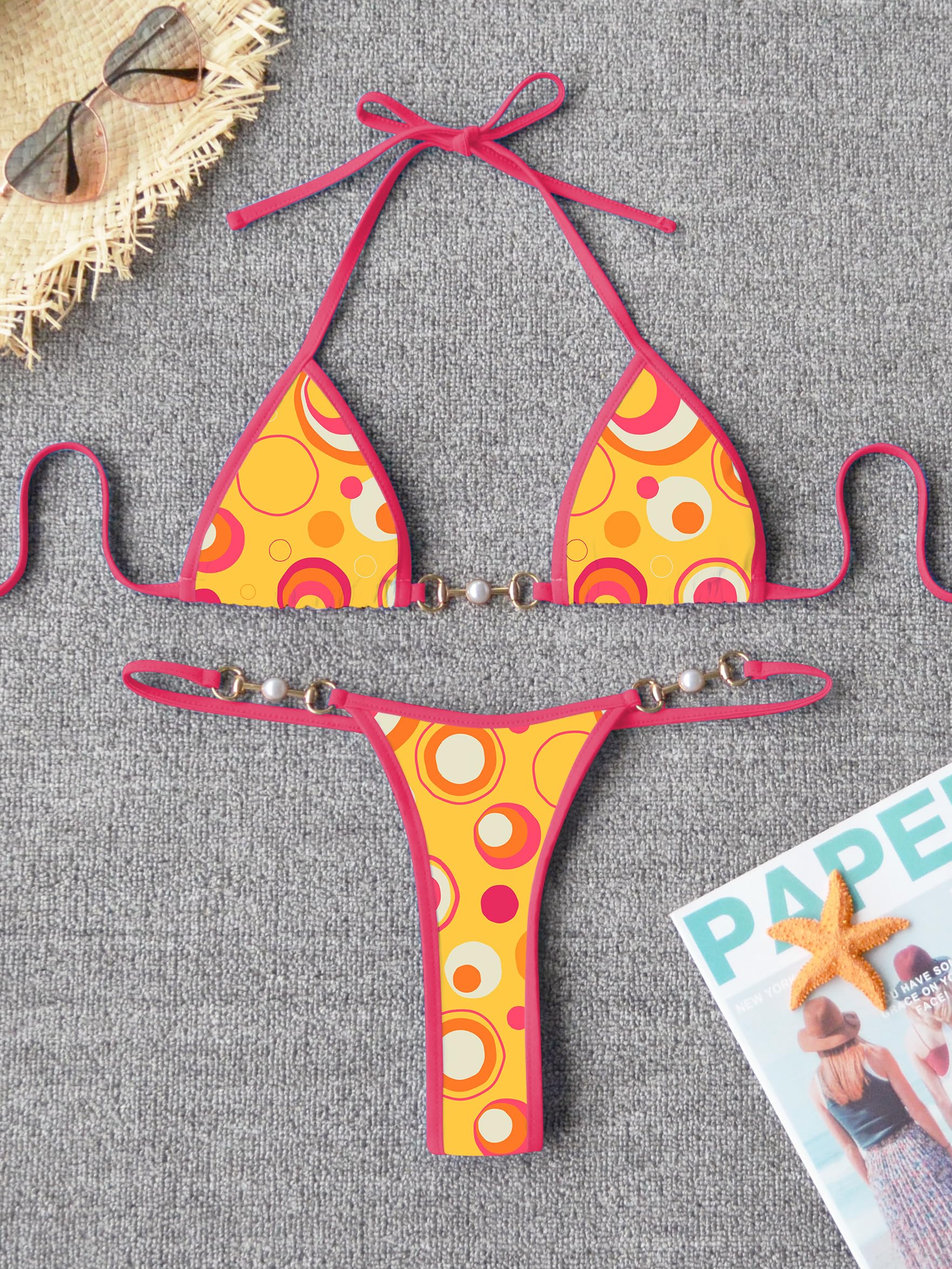 TASHEHE Women's Triangle Thong Bikini Set Sexy String Brazillian Two Piece Swimsuit Cute Bikini Bathing Suit - Yellow/Circle - Small