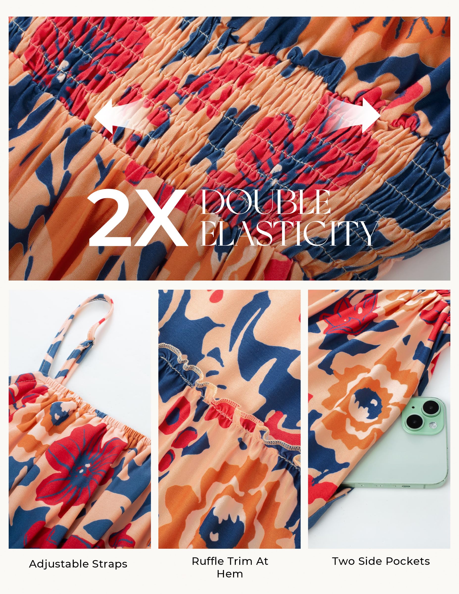 GRACE KARIN Summer Dresses for Women 2026 Vacation,Smocked Floral Maxi Dresses,Boho Beach Long Sundress Navy Brown XL