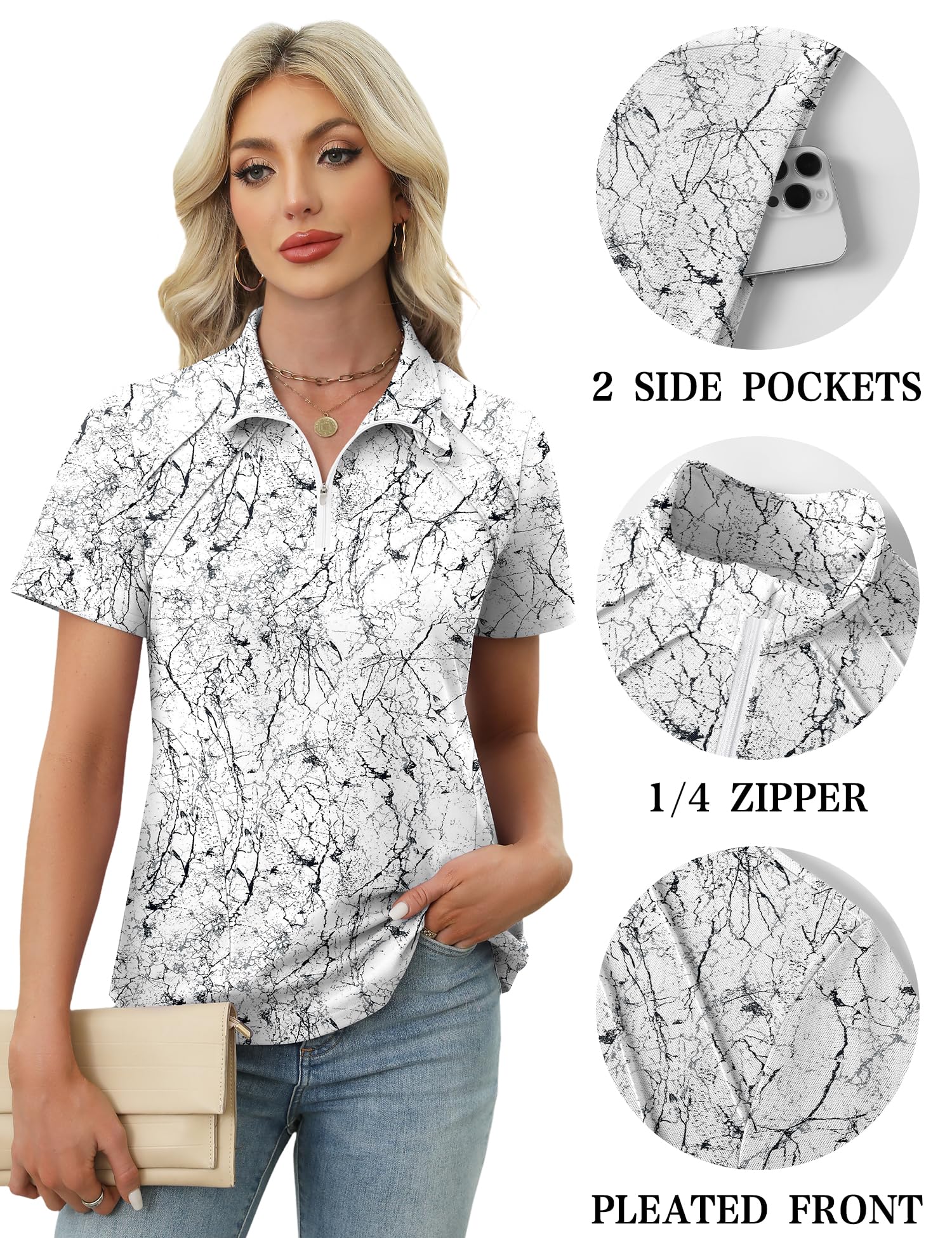 LOMON Polo Shirt for Women Summer Golf Quarter Zip Outfit Black Floral,XL