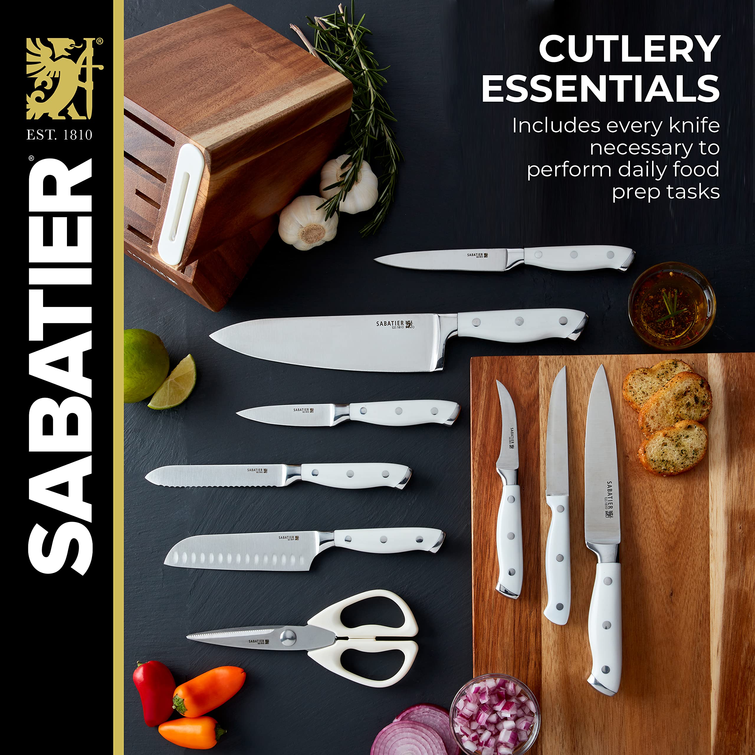 Sabatier Acacia Forged Triple Rivet Edgekeeper Knife Block Set, 15-Piece, White