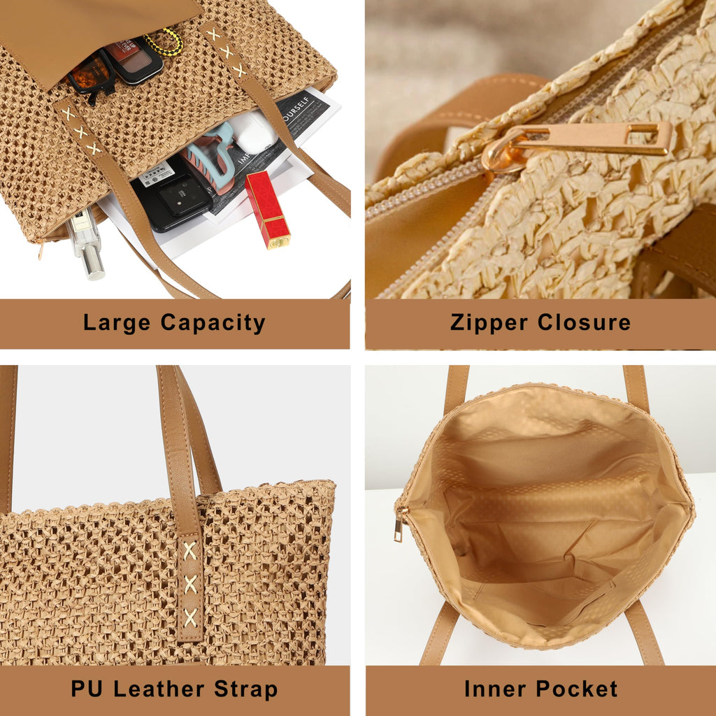 LA CARRIE Straw Beach Tote Bags for Women Summer Woven Shoulder Handbags Purse for Vacation Travel(Khaki)