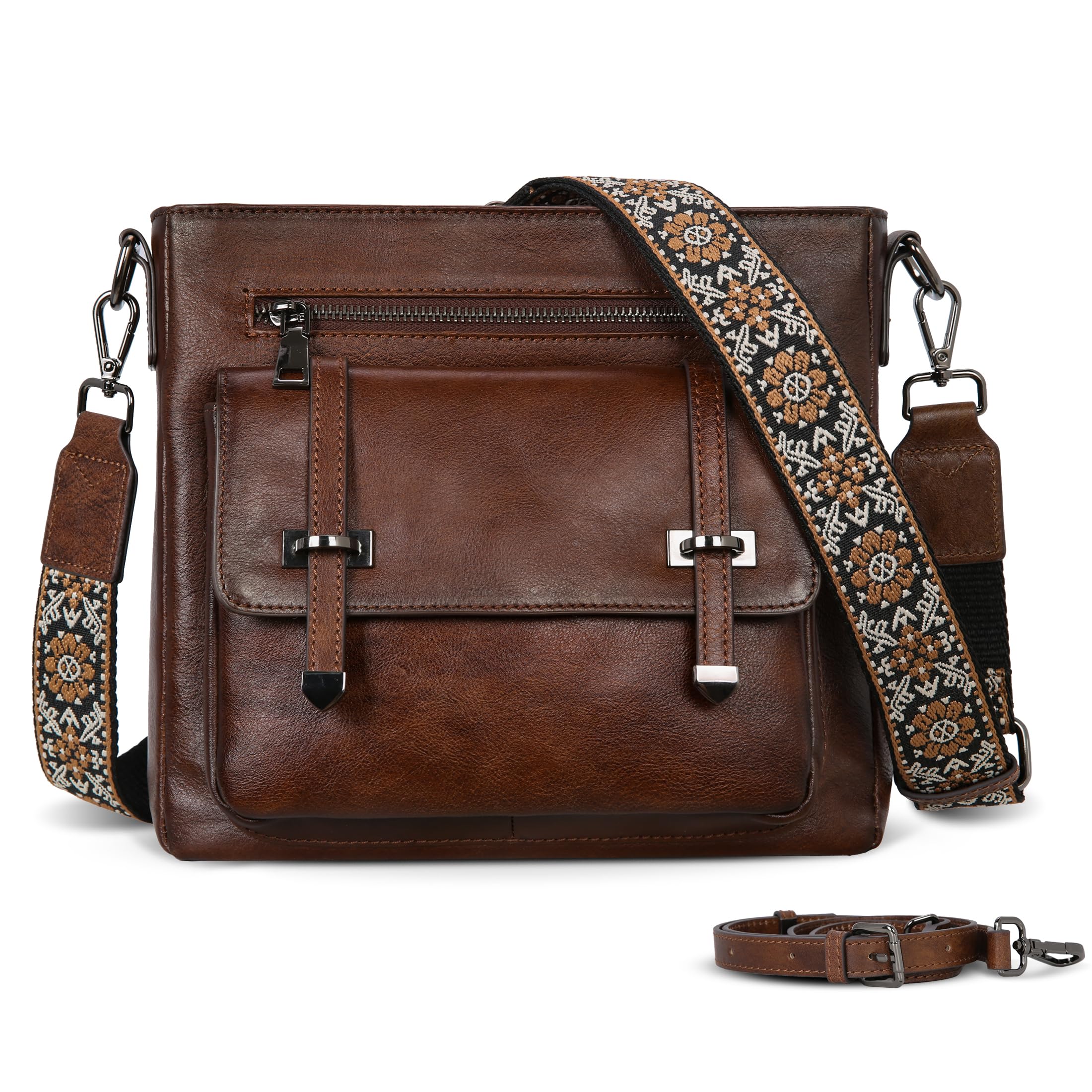 Iswee Soft Leather Crossbody Bags for Women Shoulder Handbags Multi Pocket Travel Purse with Adjustable Strap Medium Size (Coffee)