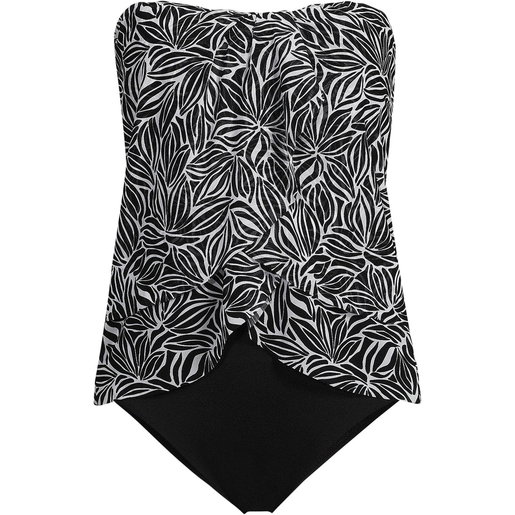 Lands' End Women's Chlorine Resistant Mesh Bandeau High Leg Fauxkini One Piece Swimsuit 2 Black/White Abstract Floral