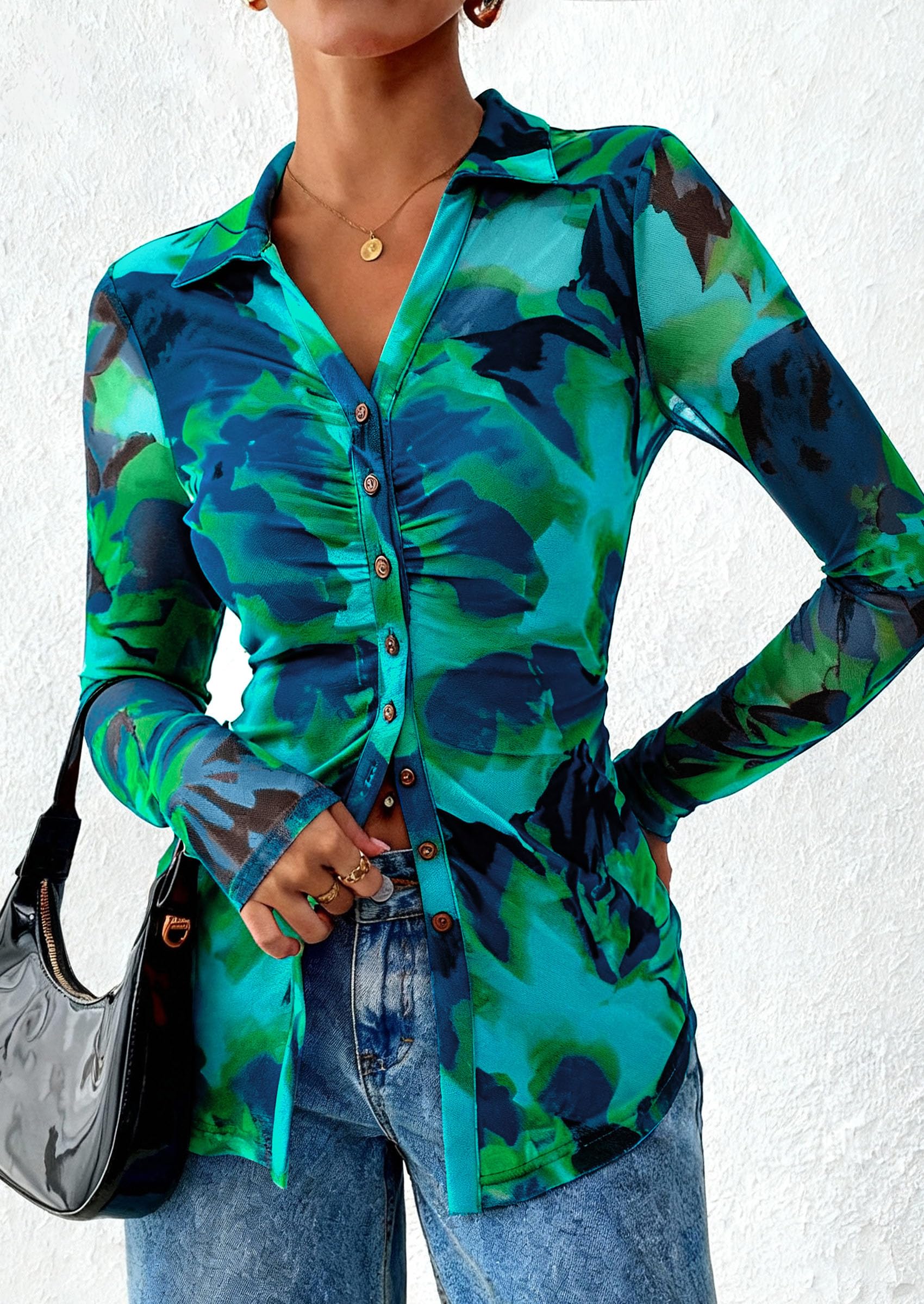 PRETTYGARDEN Women Button Down Floral Shirts 2026 Fall Trendy Long Sleeve V Neck Mesh Boho Blouse Spring Tops Date Outfits (Floral Blue Green,Large)