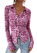 PRETTYGARDEN Women Button Down Floral Shirts 2026 Fall Trendy Long Sleeve V Neck Mesh Boho Blouse Spring Tops Date Outfits (Leopard Purple,Large)