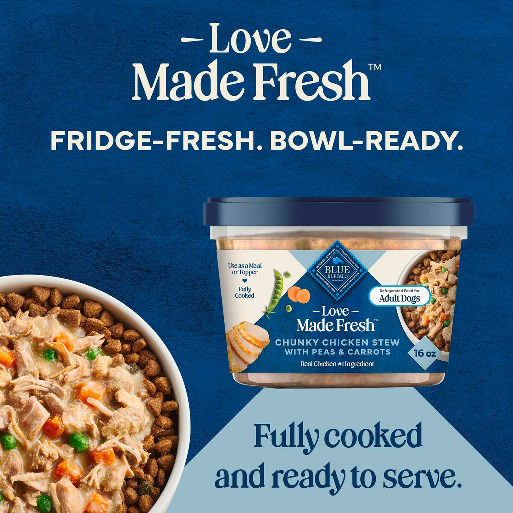 Blue Buffalo Love Made Fresh Natural Adult Dog Food, Refrigerated, Chunky Chicken Stew with Carrots and Peas, Fresh Dog Food, Ready-to-Serve, 1-lb Tub