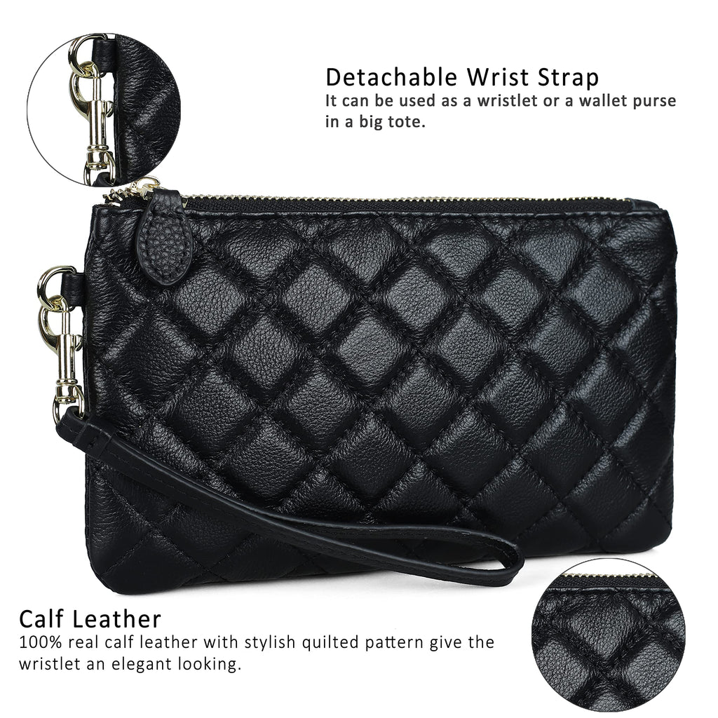 befen Genuine Leather Wristlet Clutch RFID Blocking Bag Cell Phone Wallet Purse Smartphone Wristlet Wallet Purses and Handbags for Women, Diamond Quilted Black