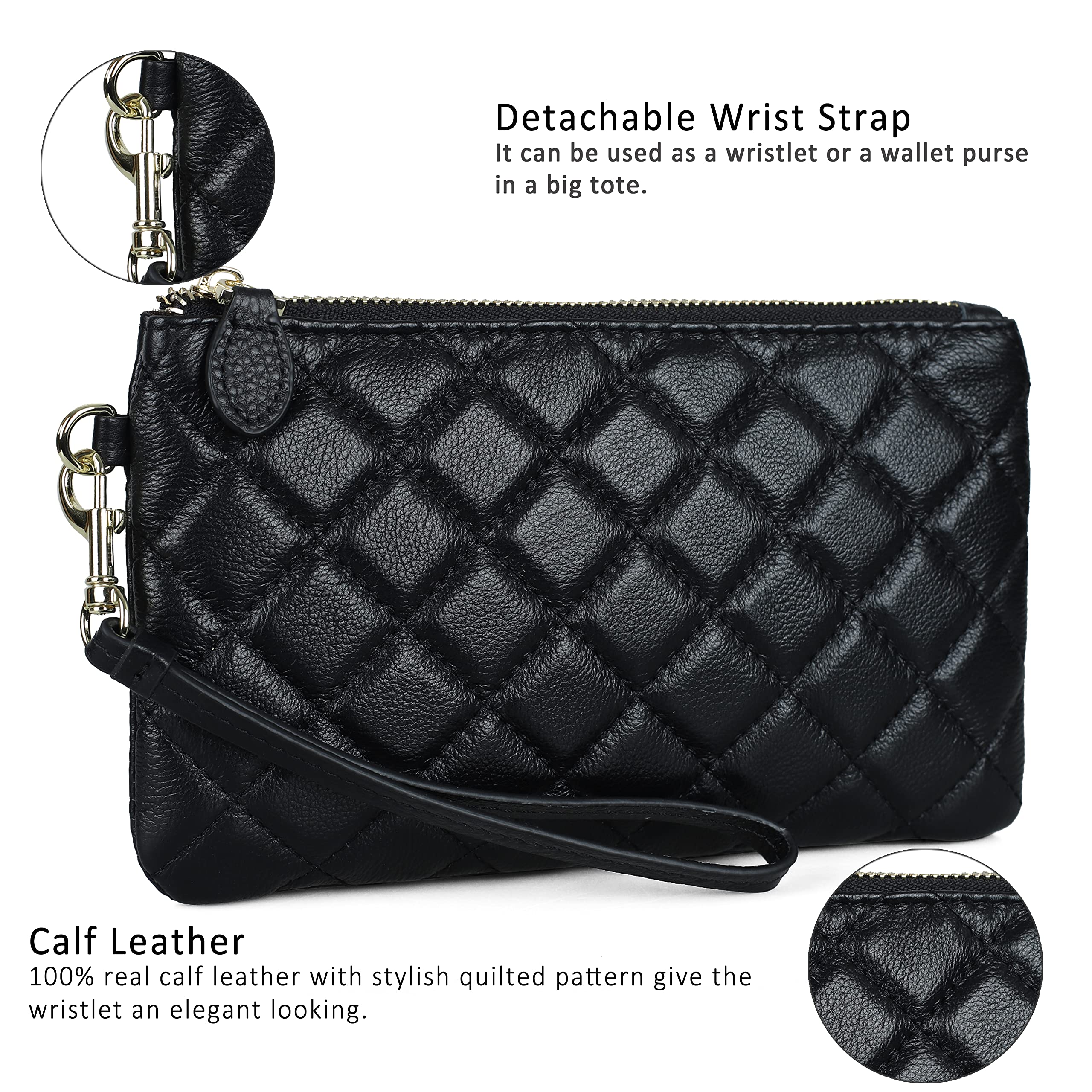 befen Genuine Leather Wristlet Clutch RFID Blocking Bag Cell Phone Wallet Purse Smartphone Wristlet Wallet Purses and Handbags for Women, Diamond Quilted Black
