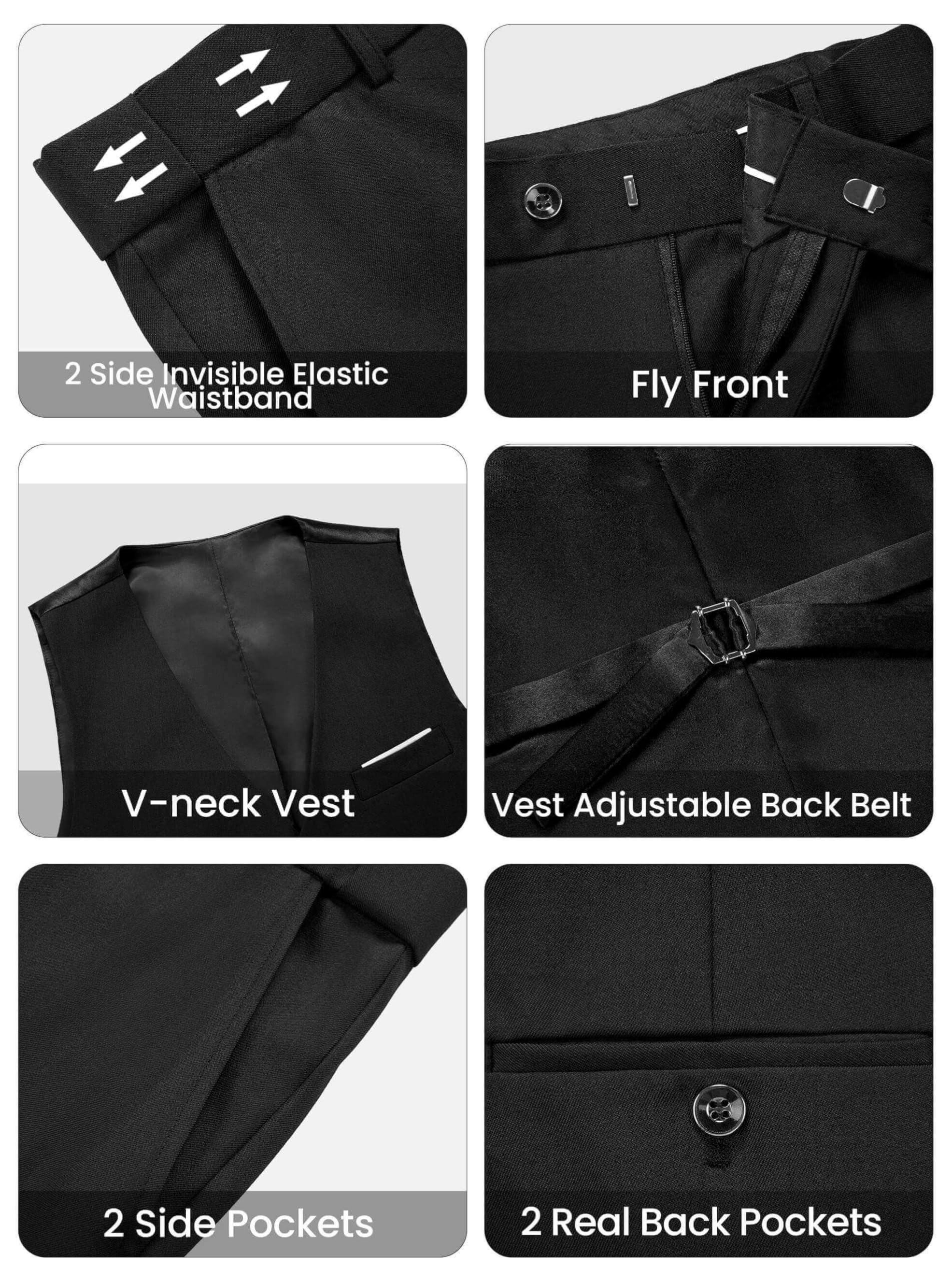 WULFUL Men's 3 Piece Suits Slim Fit Tuxedo Suit Set One Button Shawl Lapel Blazer Jacket Vest Pants Set for Prom, Business Black