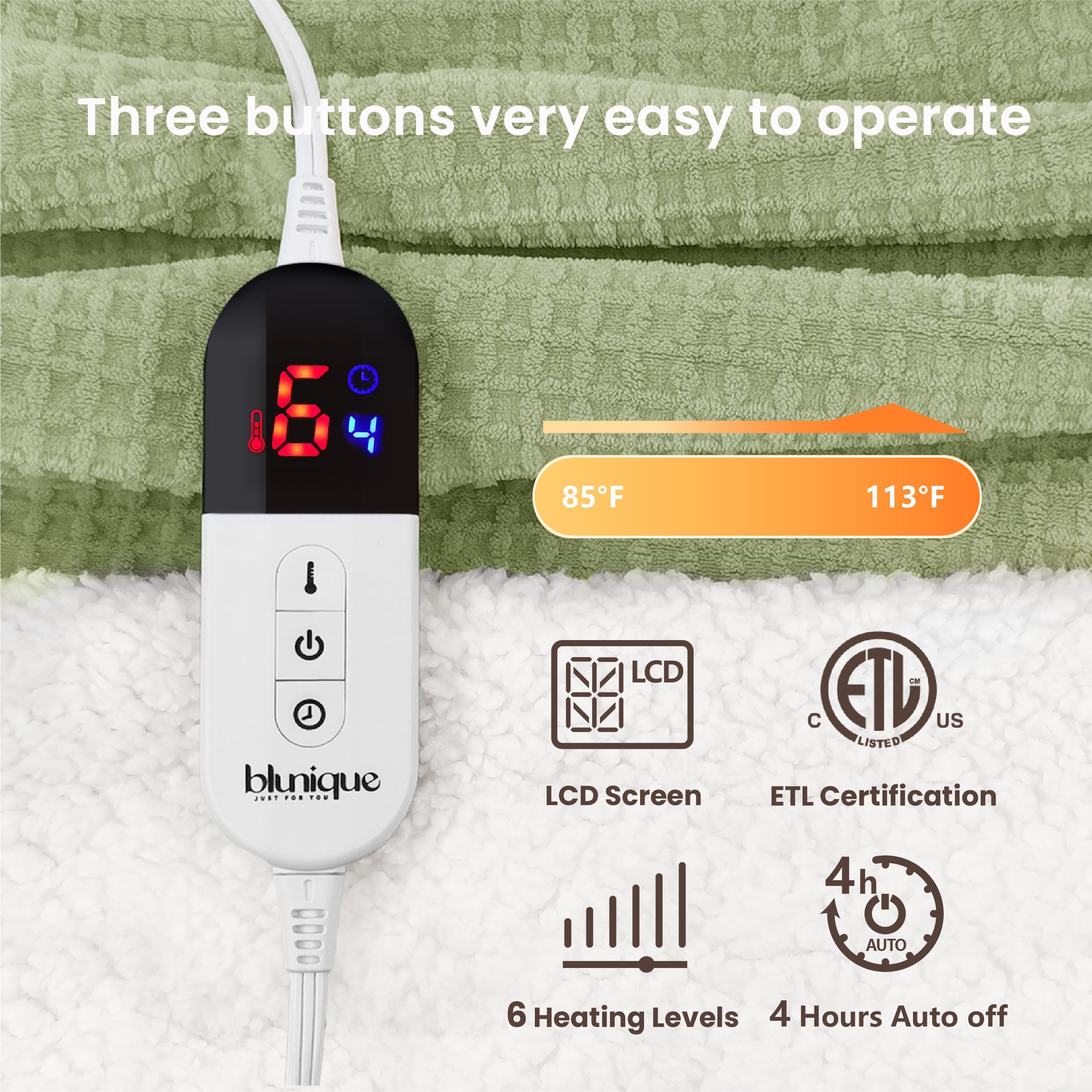 blunique Heated Blanket Electric Throw Waffle, 50x60 Inches Sherpa Fleece Fast Heating Blanket 6 Heating Levels & 4 Hours Auto Off ETL Certification, Sage Throw