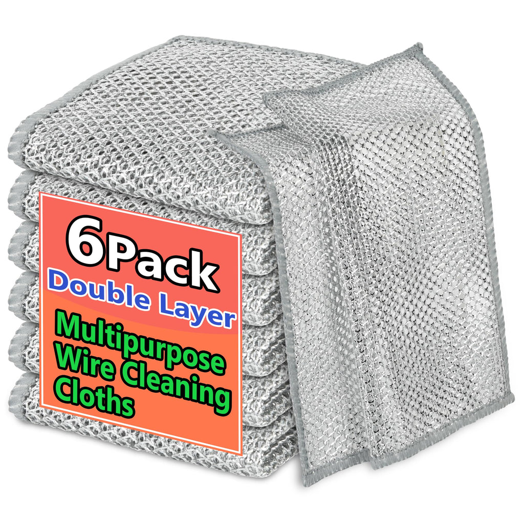 6PCS Double-Layer Wire Dishcloth, Non-Scratch Wire Dishwashing Rags, Multipurpose Wire Cleaning Cloths for Home/Kitchen(7.87''x7.87'')