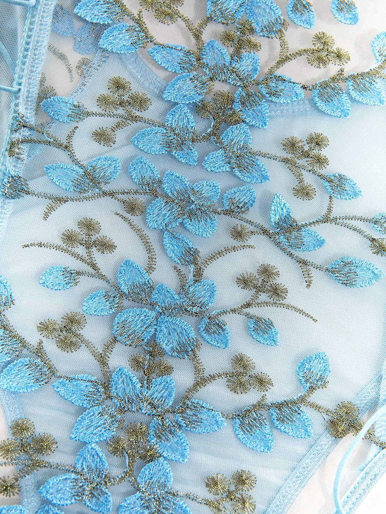 Lilosy Women Sexy Lace Up Floral Embroidered Teddy Babydoll Lingerie Bodysuit Top Mesh Sheer One Piece See Through Light Blue Medium