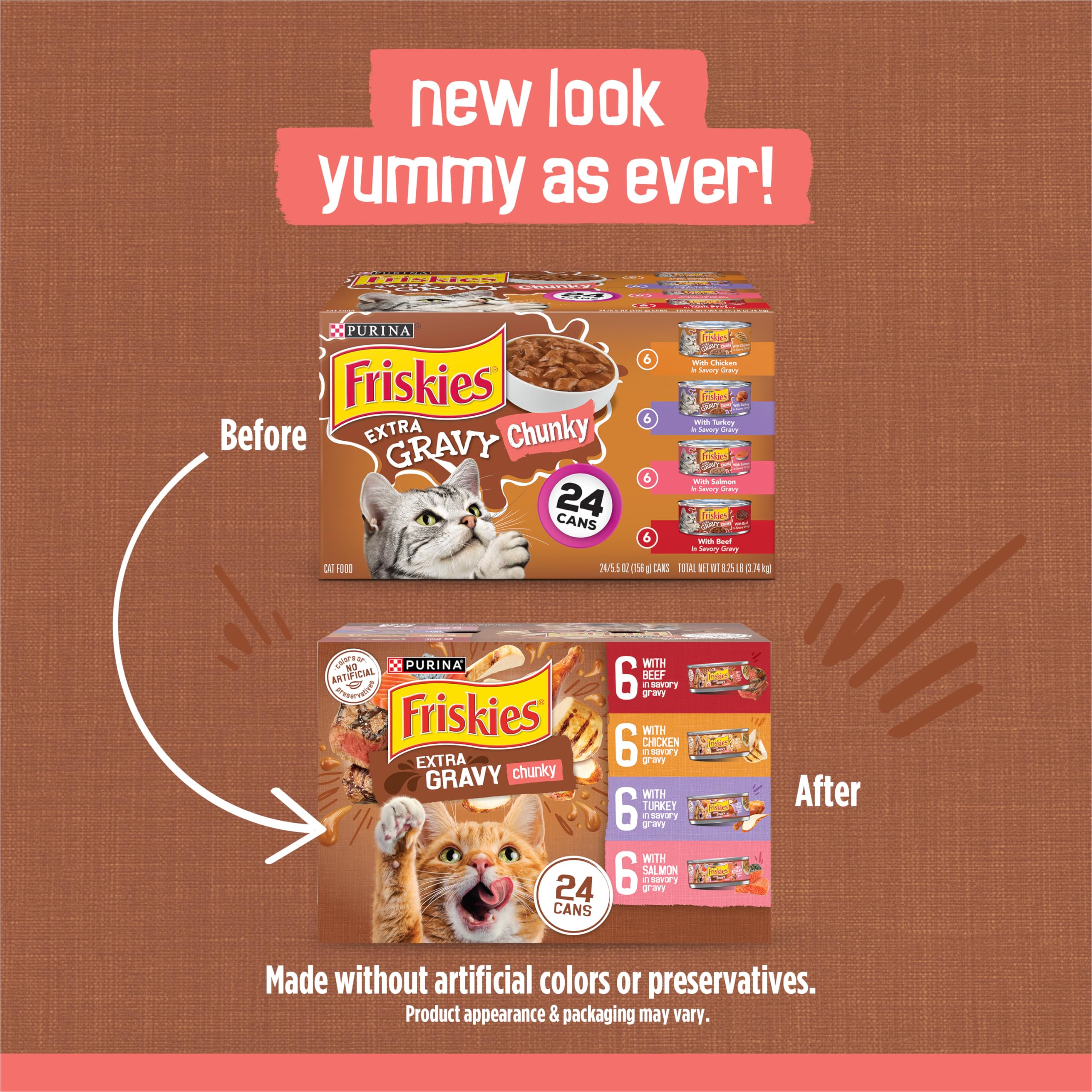 Friskies Purina Extra Gravy Wet Cat Food Chunky Variety Pack (with Chicken,Turkey,Salmon,Beef) - 5.5 oz. Cans,(Pack of 48)