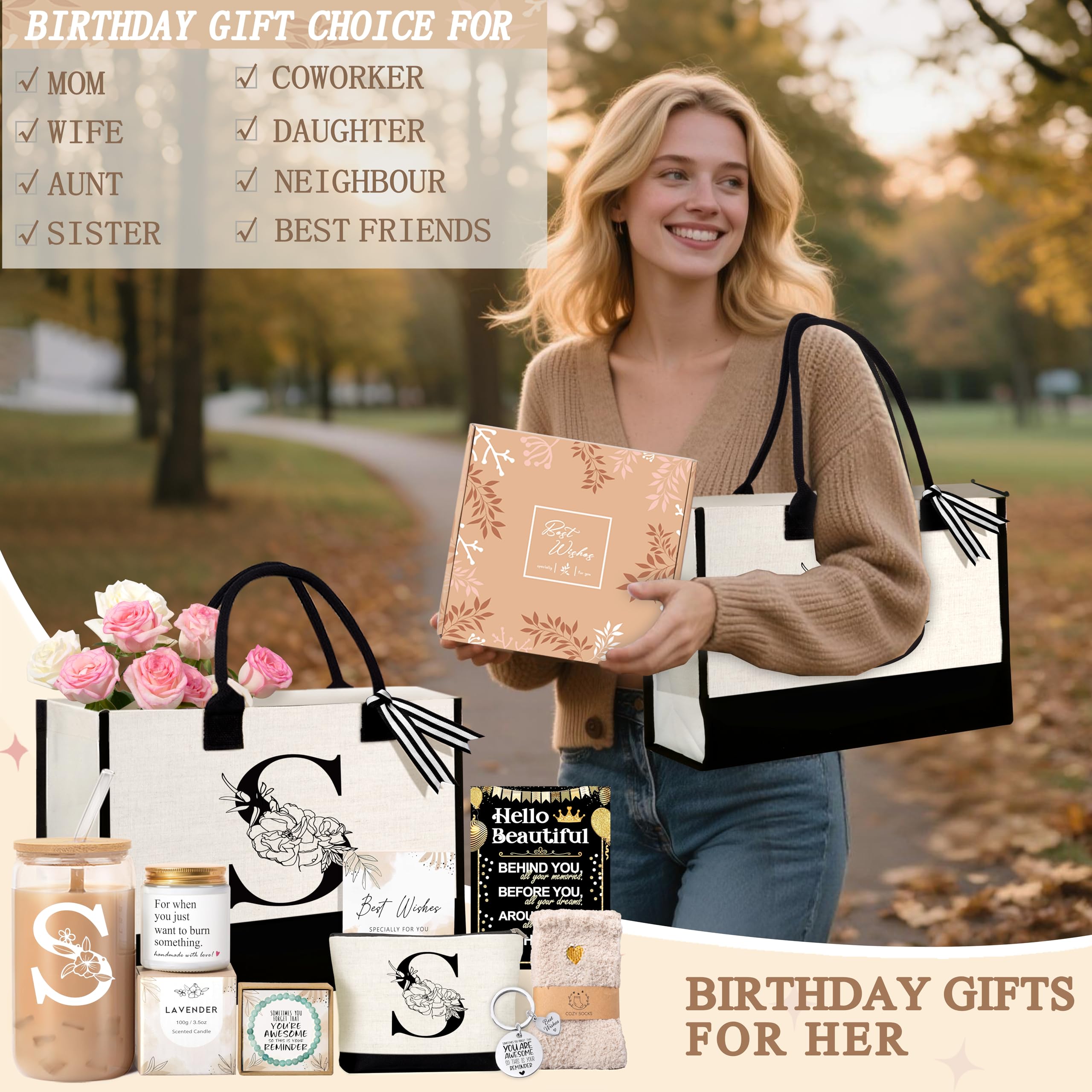 Lepiche Birthday Gifts for Women, Monogrammed Initial Gift for Teacher Wife Mom, Tote Bag,Glass Cup Gift Basket Personalized Christmas Mother's Teacher Appreciation Day,S