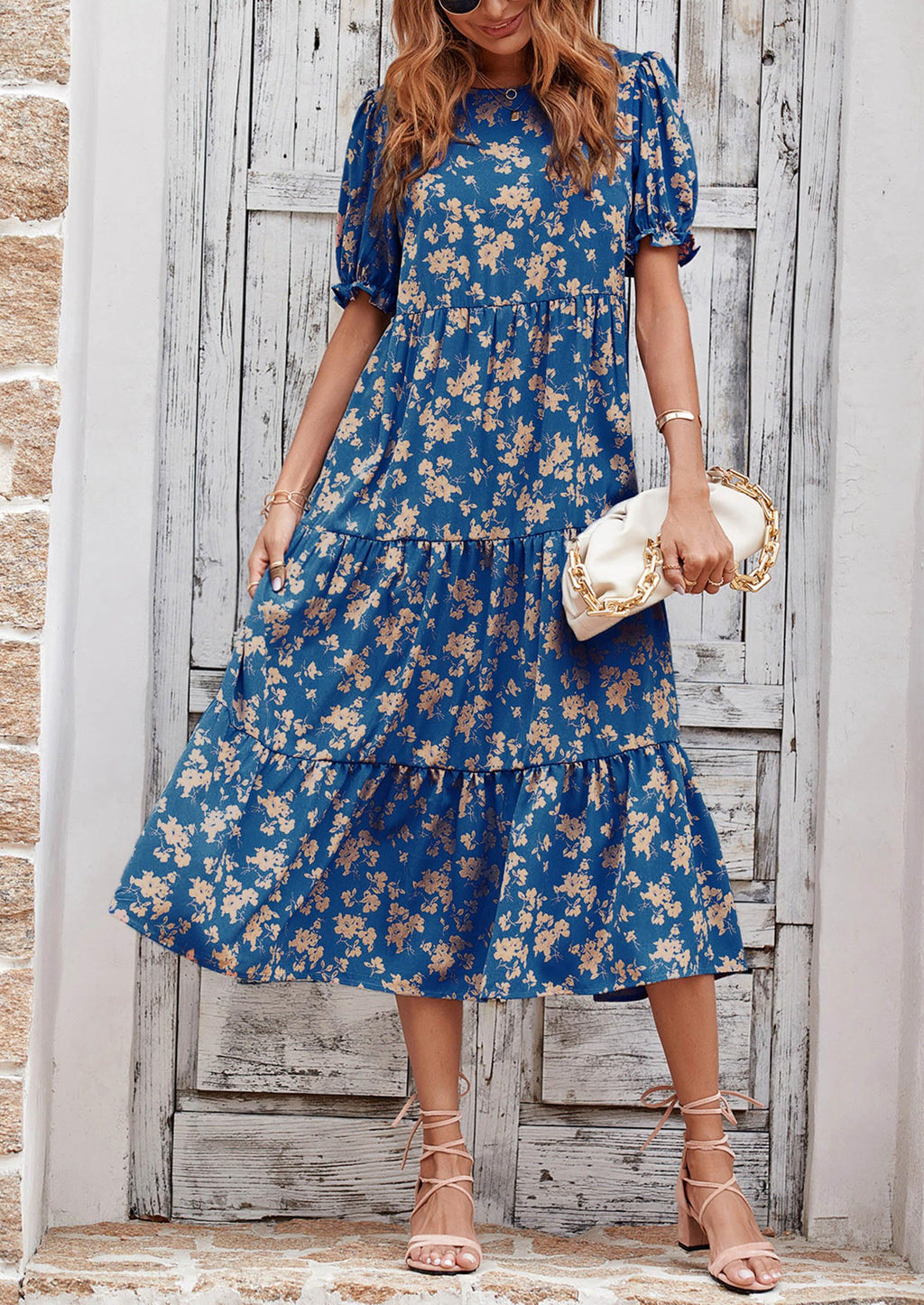 PRETTYGARDEN Summer Dresses for Women 2025 Casual Floral Boho Midi Sun Dress Puff Short Sleeve Flowy Beach Vacation Sundress (Blue Apricot,Medium)