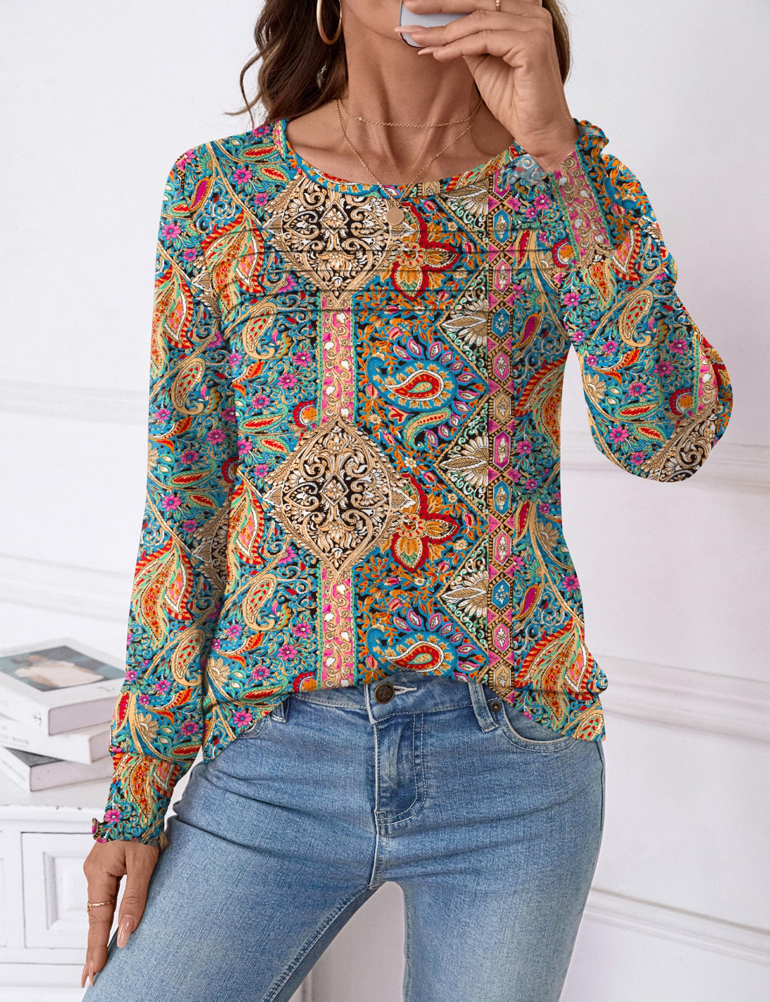 LOMON Womens Long Sleeve Boho Tops Dressy Casual Fall Women's Tunics Tops Flowy Summer Shirts Travel Clothes Women S Multicolor