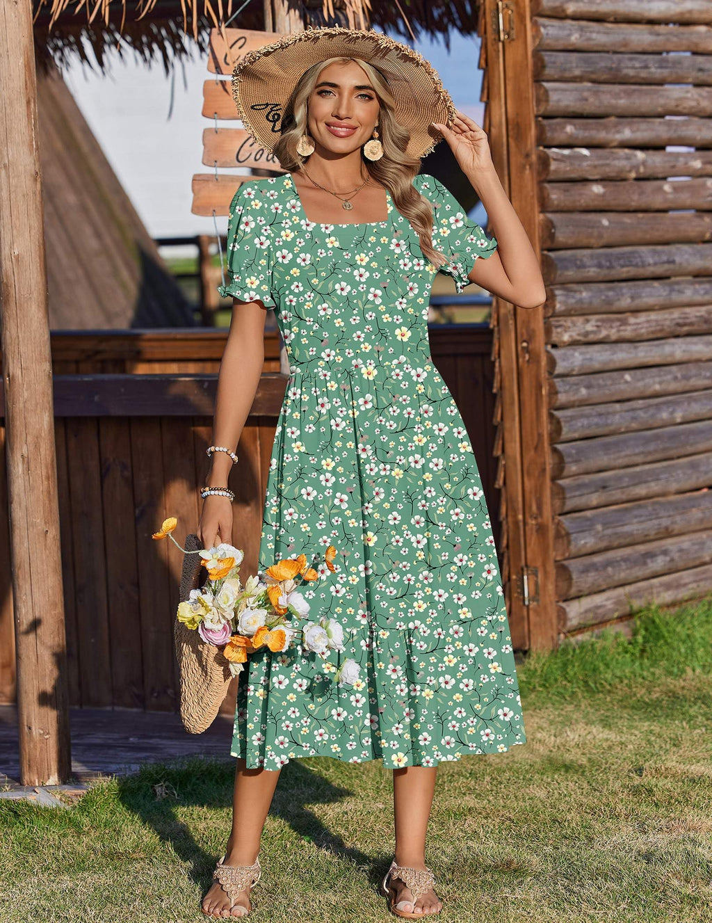 Zeagoo Womens Dresses Summer Casual Midi Dress Floral Sundresses with Pockets Womens Beach Vacation Dress Square Neck A Line Dresses L