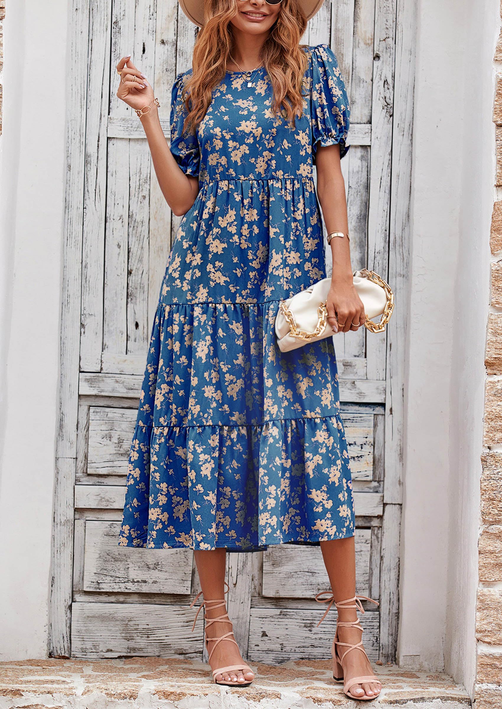 PRETTYGARDEN Summer Dresses for Women 2025 Casual Floral Boho Midi Sun Dress Puff Short Sleeve Flowy Beach Vacation Sundress (Blue Apricot,Medium)