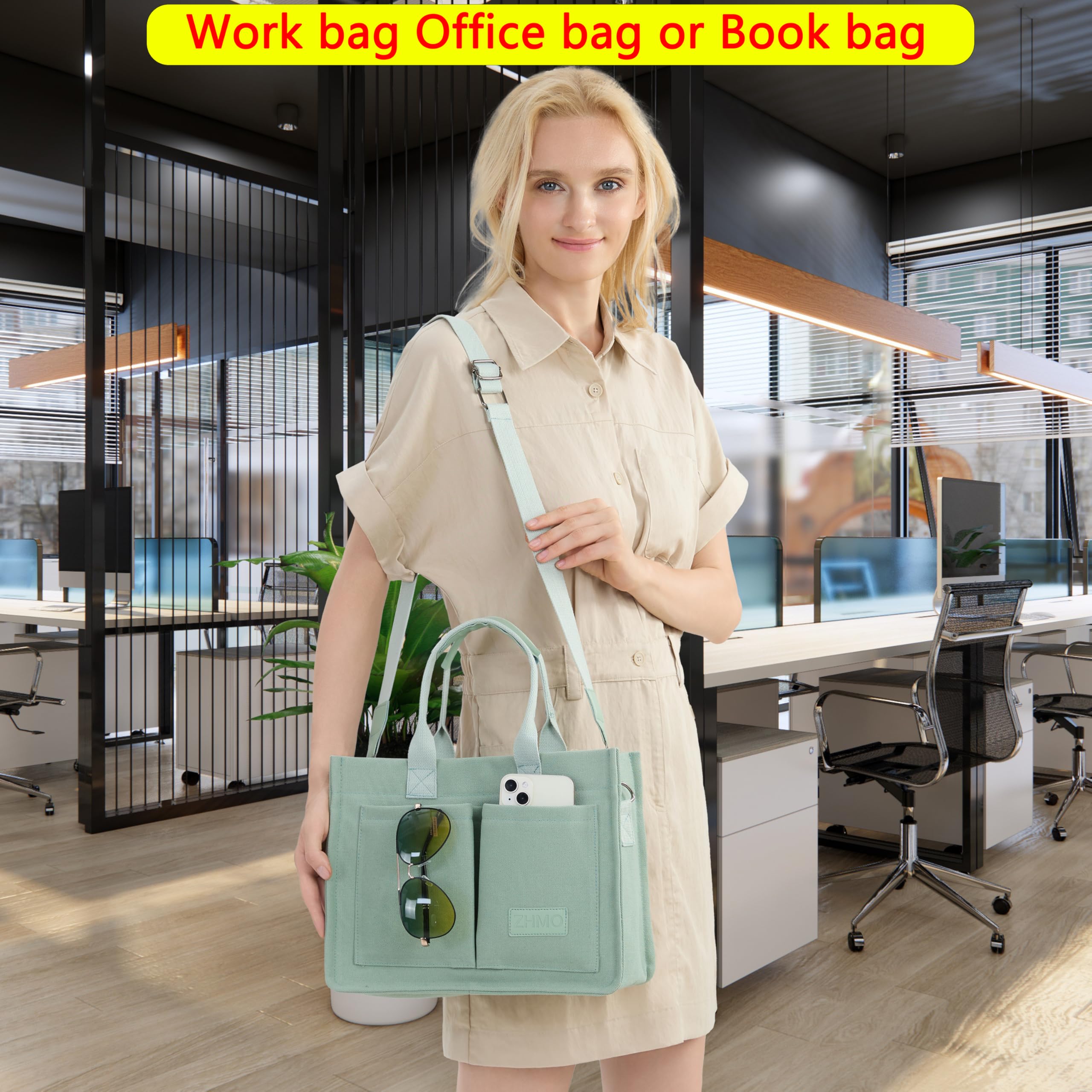 ZHMO Canvas Tote Bag for Women With Compartments and Pockets,Women's Bags Crossbody Bags Work Laptop Tote Bag Large Satchels Handbags Tote Purse Everyday Shoulder Bag for Travel Nurse Teacher Church