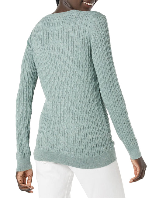 Amazon Essentials Women's Lightweight Long-Sleeve Cable Crewneck Sweater (Available in Plus Size), Sage Green Heather, Large