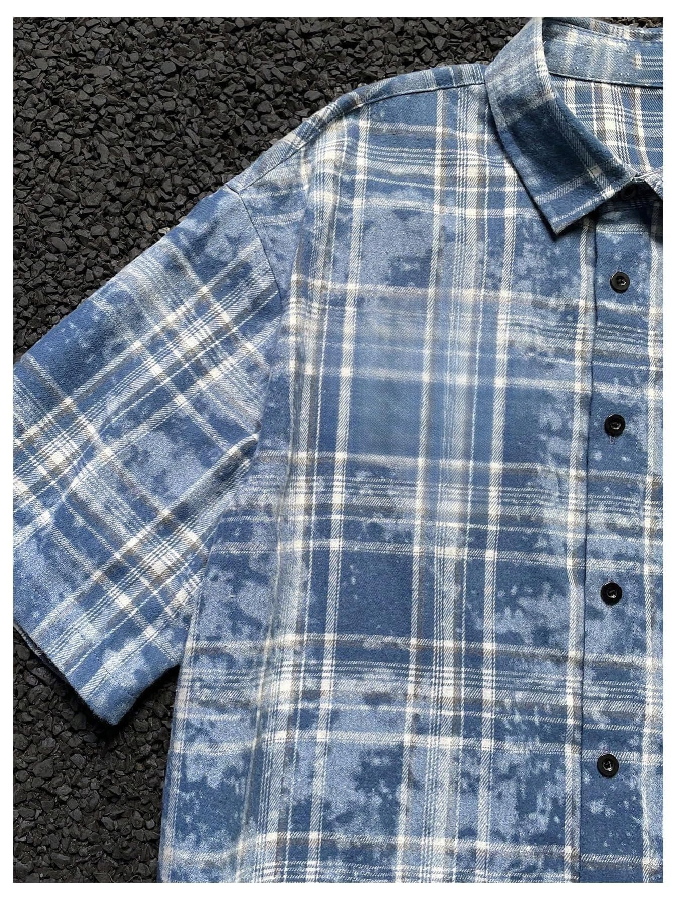 Verdusa Men's Plaid Checkered Cropped Shirt Button Up Drop Shoulder Boxy Crop Tops Streetwear Blue Multicolor Small