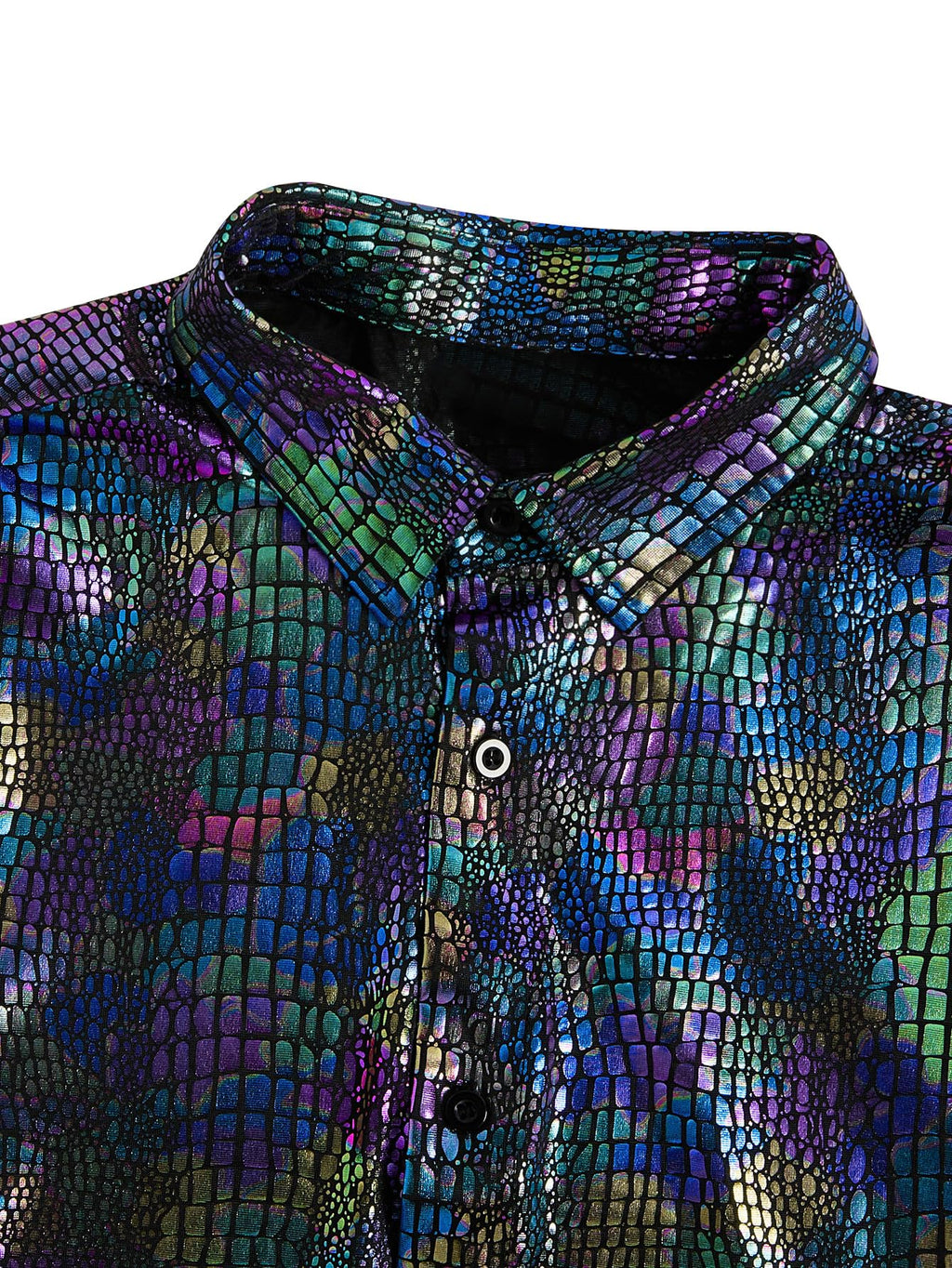 WDIRARA Men's 70s Sparkly Disco Top Crocodile Pattern Metallic Rave Button Down Shirt Short Sleeve Party T Shirt Multicolor Medium