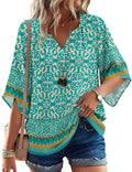 LOMON Womens Plus Size Boho Tops 3/4 Sleeve Linen Top Flowy & Dressy Casual Beach or Office Wear Blue 3XL