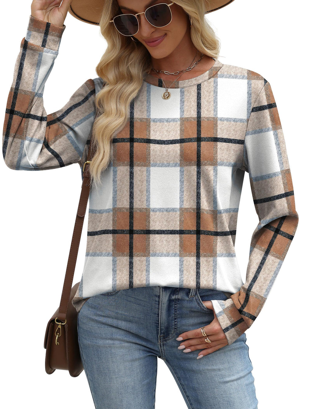 WIHOLL Womens Early Fall Fashion 2026 Outfits School Teachers Long Sleeve Shirts Sweatshirts Winter Sweaters Maternity Clothes Caramel Plaid M