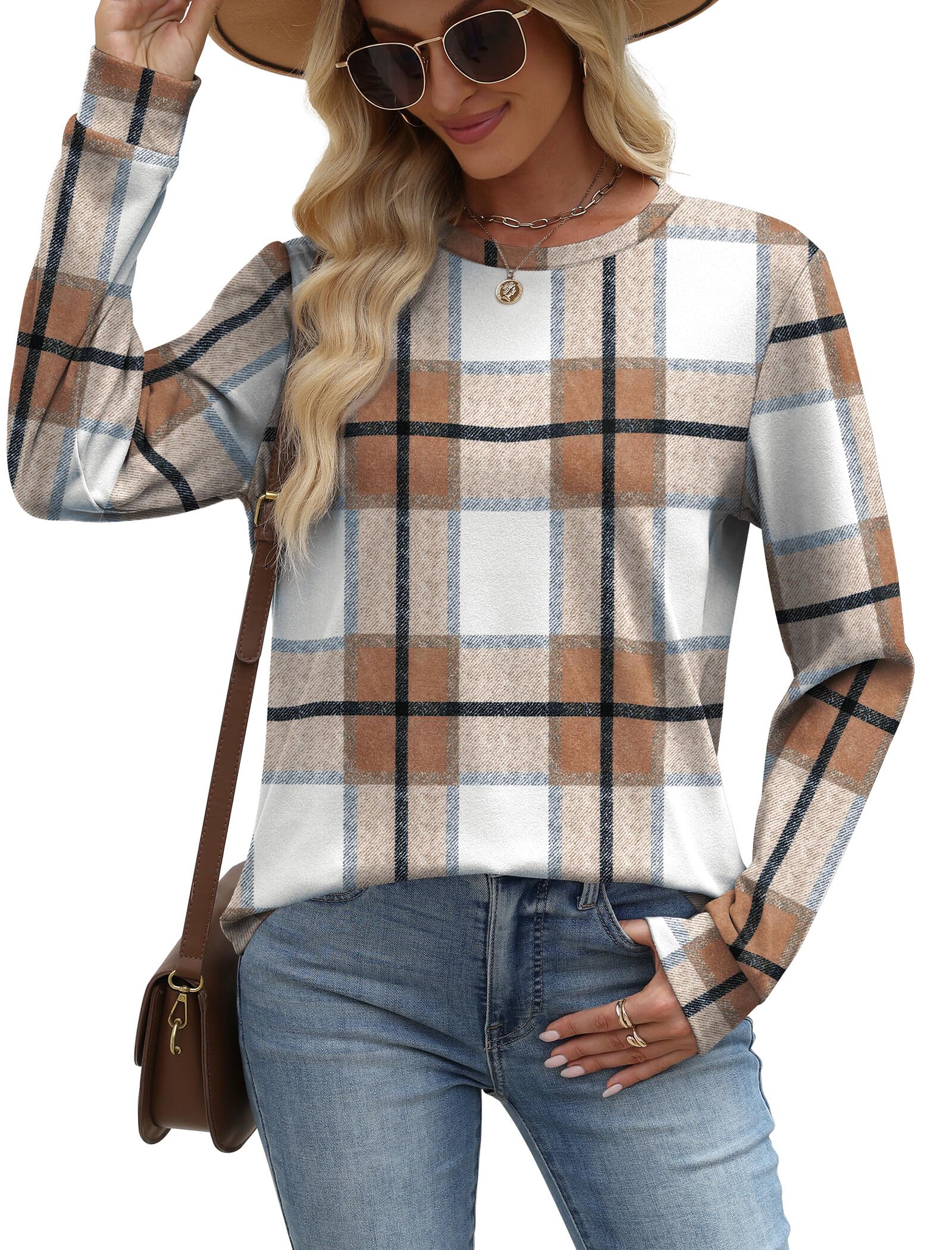 WIHOLL Womens Early Fall Fashion 2026 Outfits School Teachers Long Sleeve Shirts Sweatshirts Winter Sweaters Maternity Clothes Caramel Plaid M