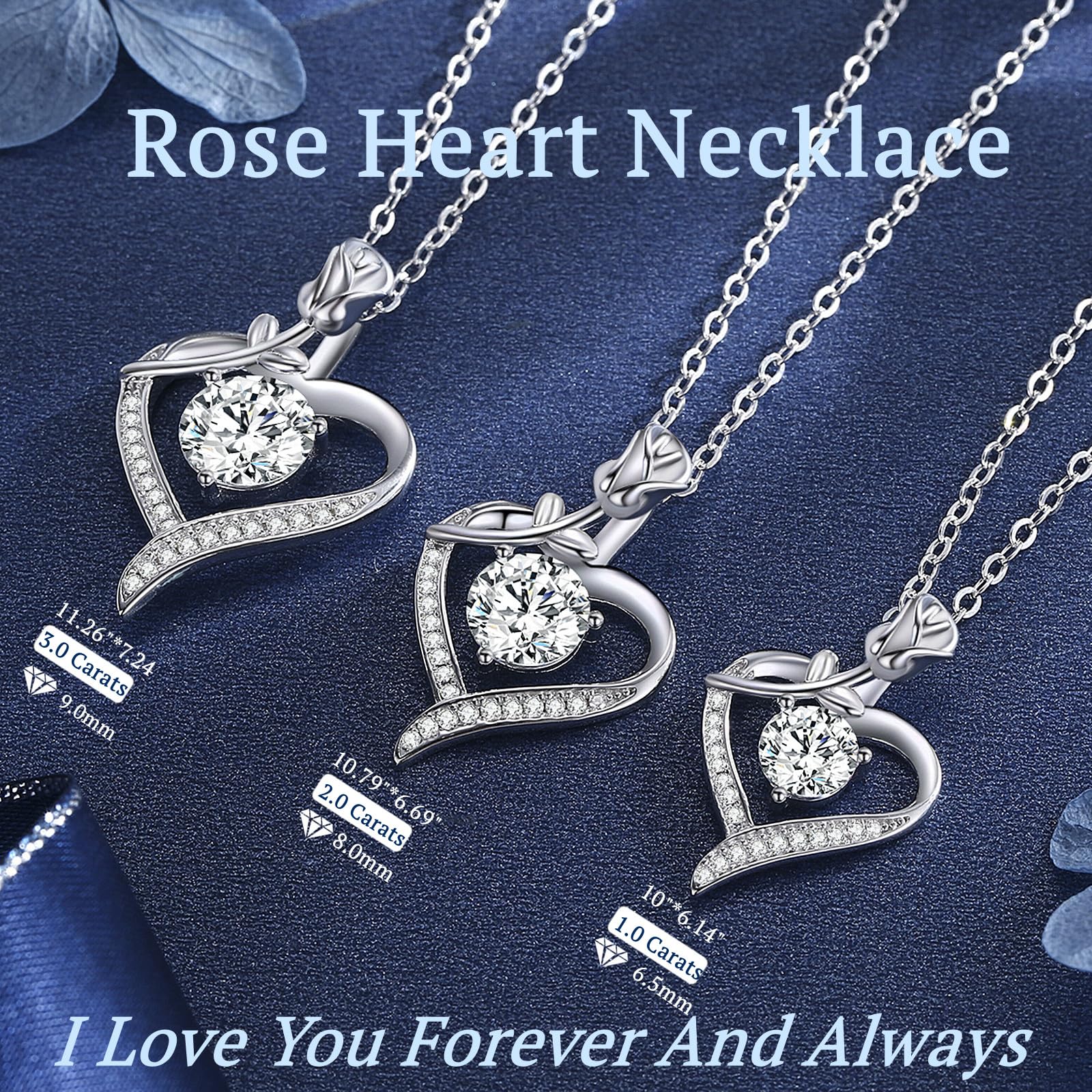 Rose Heart Pendant Necklace for Wife Moissanite Lab-Created Gem Jewelry for Women I Love You Wedding Anniversary Birthday Christmas Valentines Engagements Mothers Day for Her Girlfriend Mom Daughter