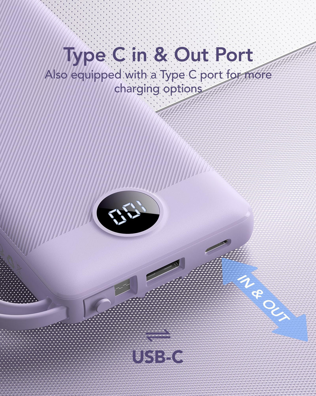 VRURC Portable Charger Power Bank, 10000mAh Travel Essentials Battery Pack, 5 Outputs 2 Inputs Slim Charging Bank Built-in Cables Cords for iPhone 17 16 15 14 13,Samsung,Android-Lavender(1 Pack)