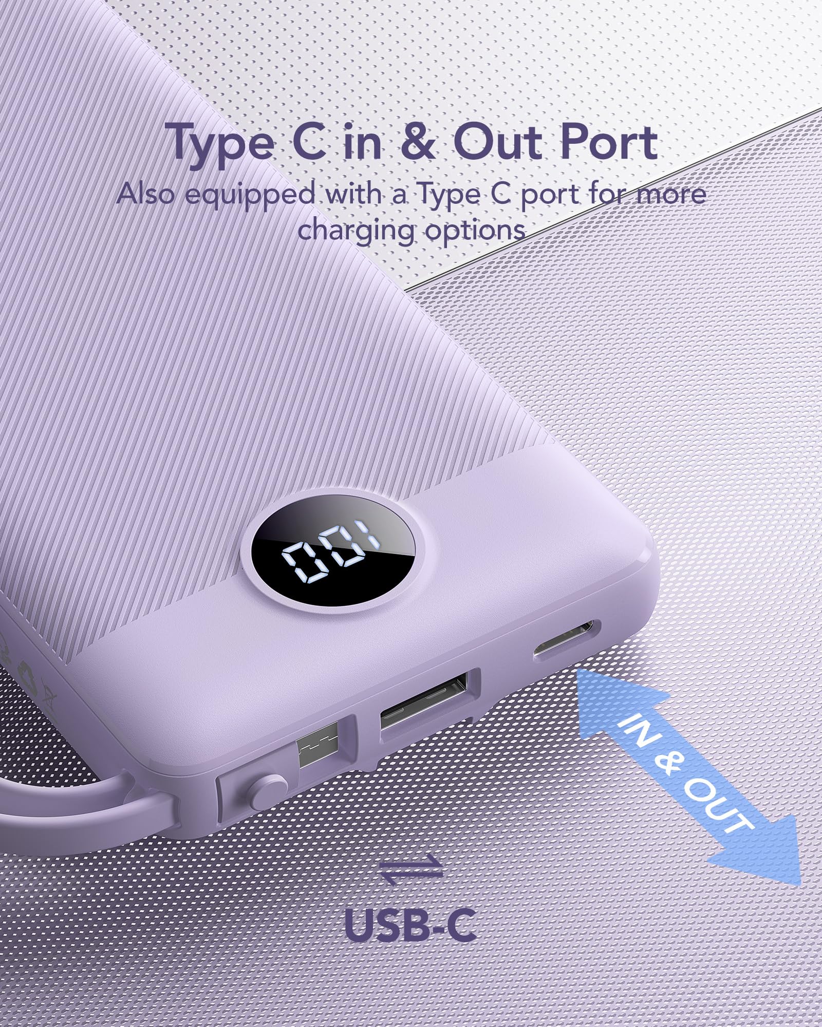 VRURC Portable Charger Power Bank, 10000mAh Travel Essentials Battery Pack, 5 Outputs 2 Inputs Slim Charging Bank Built-in Cables Cords for iPhone 17 16 15 14 13,Samsung,Android-Lavender(1 Pack)