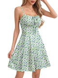 Missufe Women's Summer Floral Mini Dress Spaghetti Strap Sleeveless Tie Front A-Line Casual Beach Sundress (White, Small)