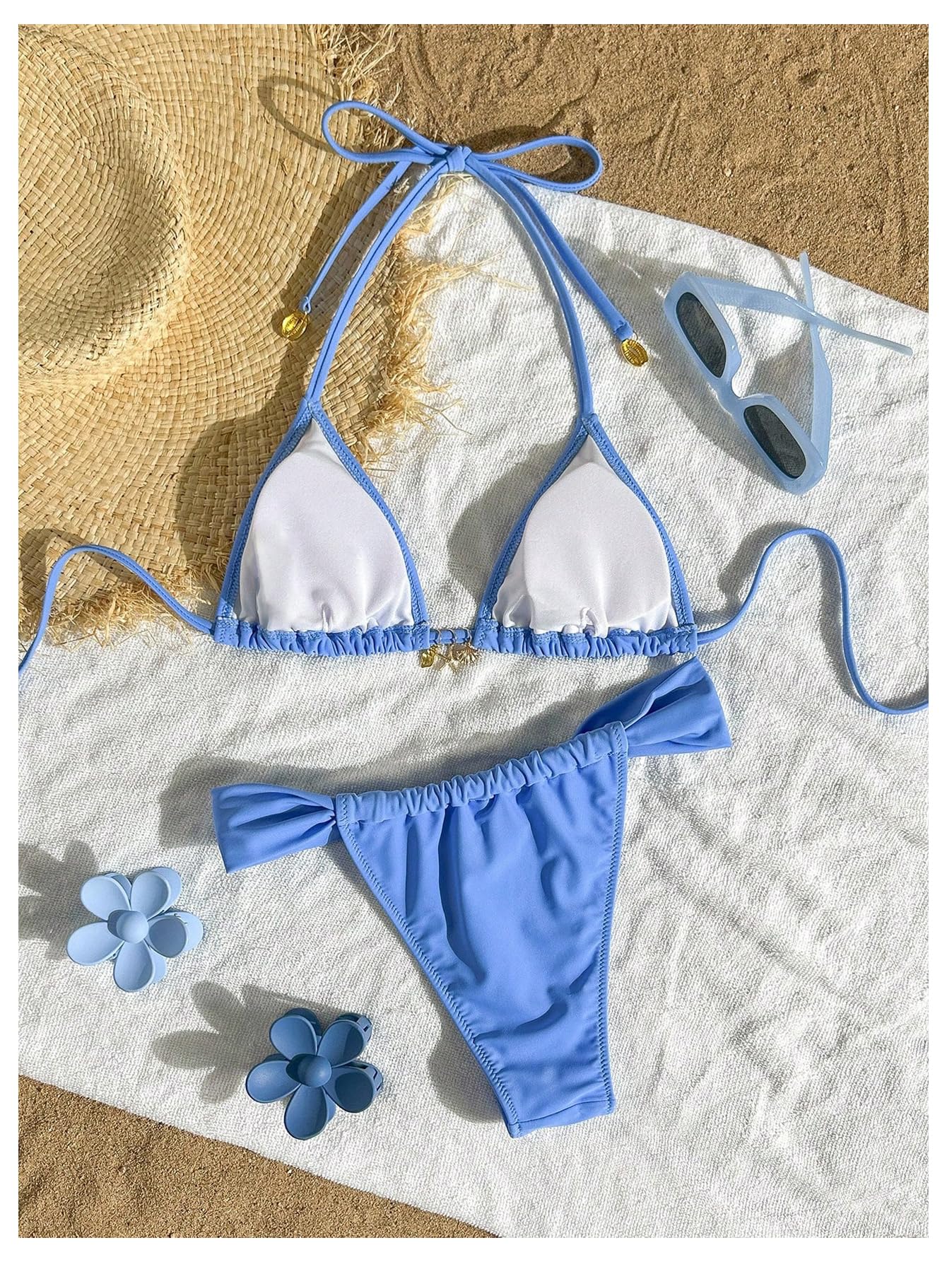 SOLY HUX Women's Halter String Bikini Sets High Cut Cheeky Thong Sexy Two Piece Swimsuits Bathing Suit Pure Blue Small