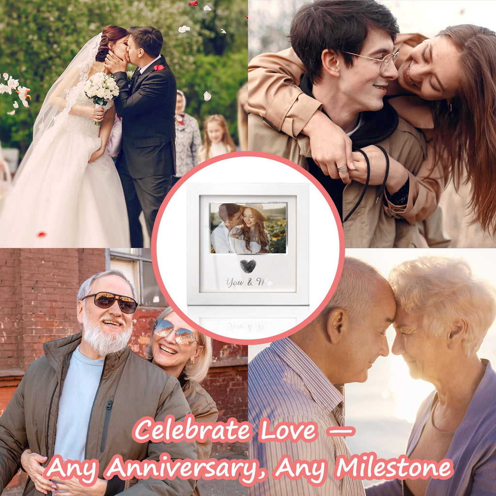 You & Me Thumbprint Picture Frame with Ink Kit, Anniversary Wedding Gifts for Couples, Fingerprint Heart Photo Frame for Wedding, Engagement, Bridal Shower, Wedding Anniversary & Valentine’s Day Gift(White)