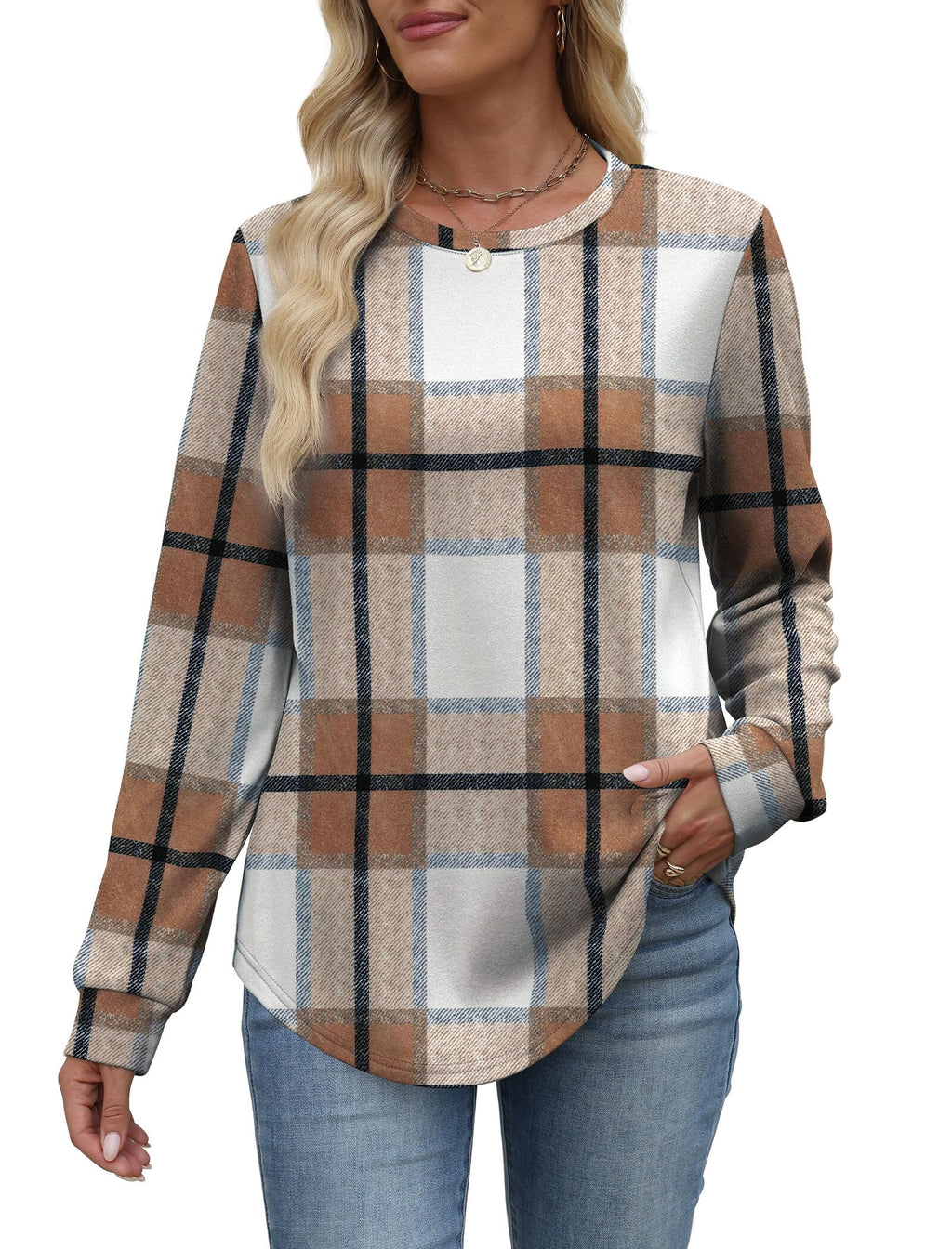 WIHOLL Womens Early Fall Fashion 2026 Outfits School Teachers Long Sleeve Shirts Sweatshirts Winter Sweaters Maternity Clothes Caramel Plaid M