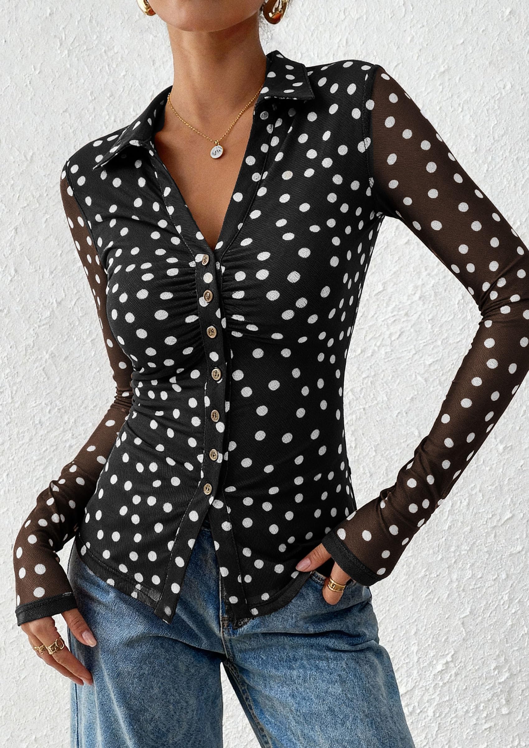 PRETTYGARDEN Women Button Down Floral Shirts 2026 Fall Trendy Long Sleeve V Neck Mesh Boho Blouse Spring Tops Date Outfits (01 Dot Black White,Large)