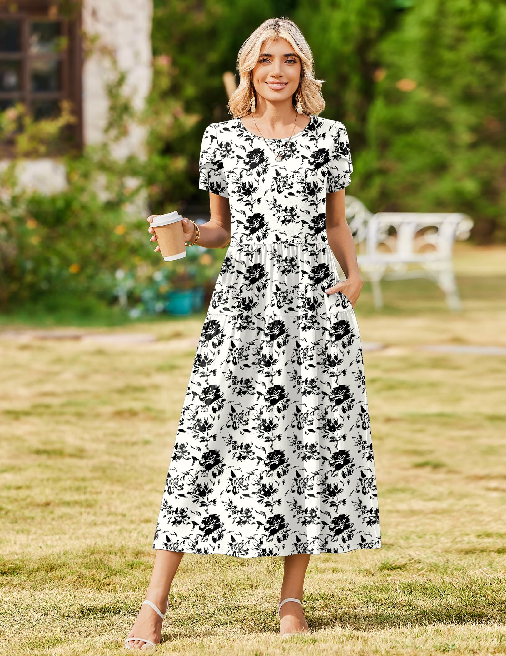Zeagoo Plus Size Dresses for Wedding Guest Summer Petal Sleeve Loose Round Neck Floral Dress White Black Floral 3XL