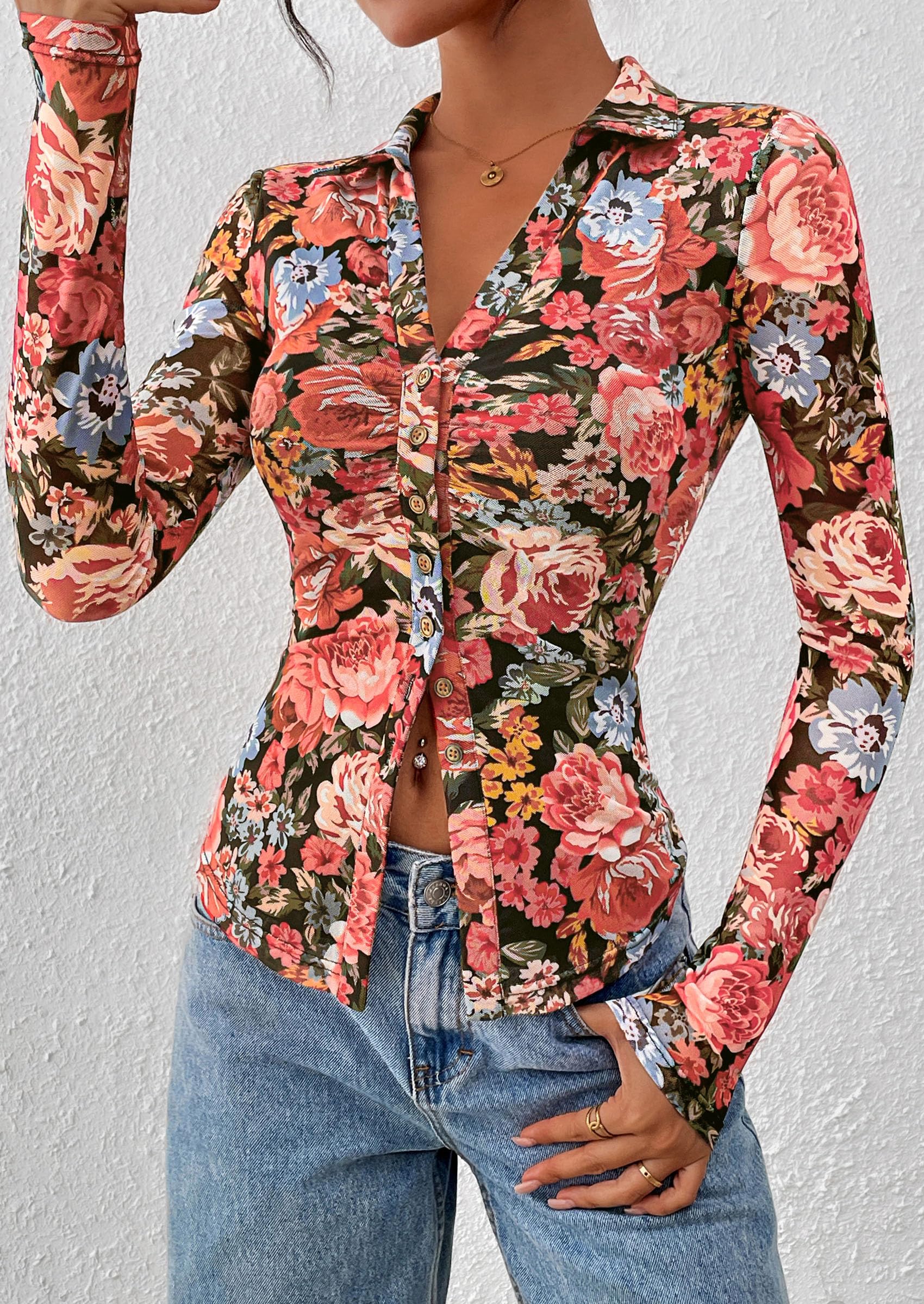 PRETTYGARDEN Women Button Down Floral Shirts 2026 Fall Trendy Long Sleeve V Neck Mesh Boho Blouse Spring Tops Date Outfits (Black Floral,Large)