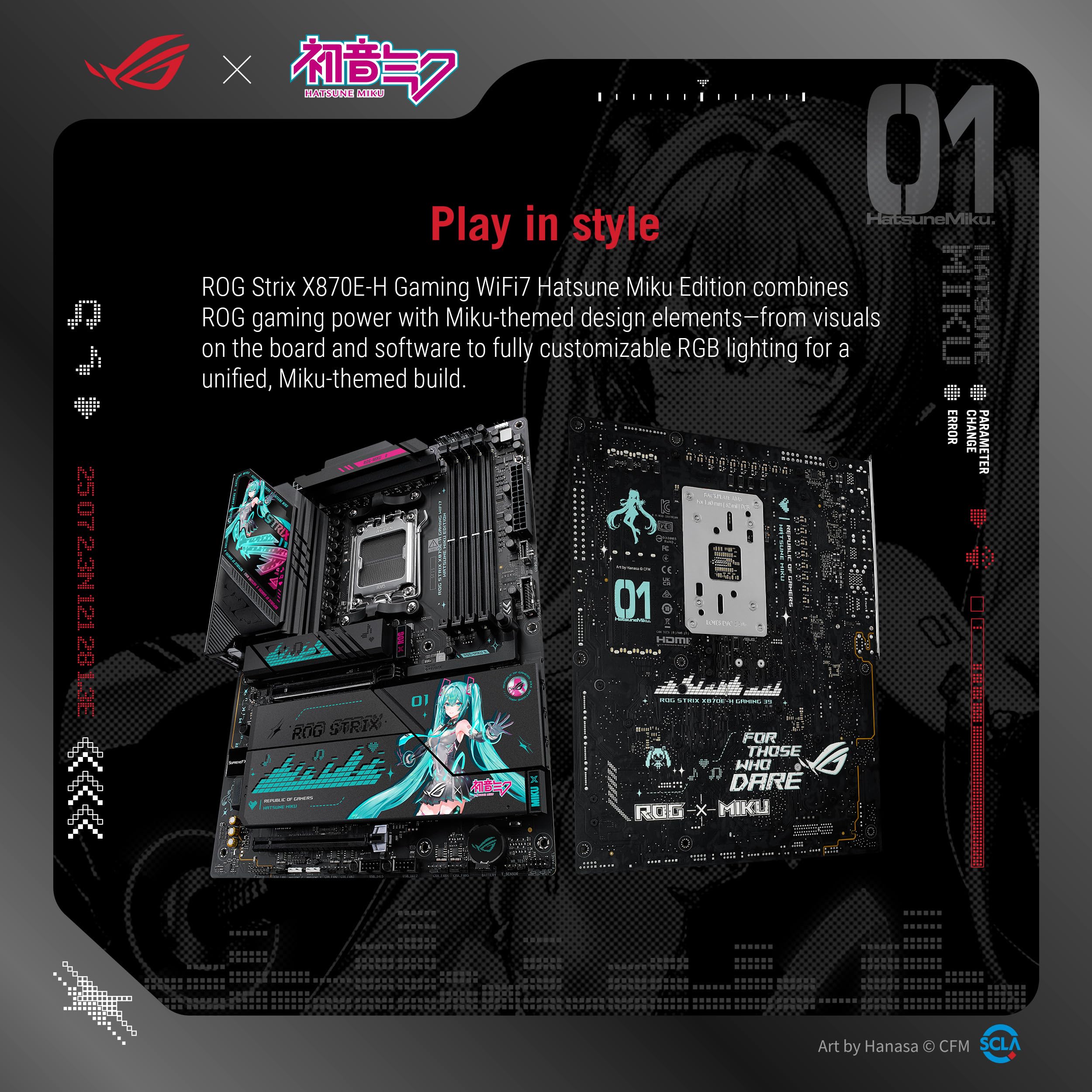 ASUS ROG Strix X870E-H Gaming WIFI7 Hatsune Miku Edition AMD X870E ATX Motherboard, 16+2+1 Power Stages, Dynamic OC Switcher, Core Flex, DDR5, 4X M.2, PCIe 5.0, Dual USB4 Ports, USB 10Gbps Type-C