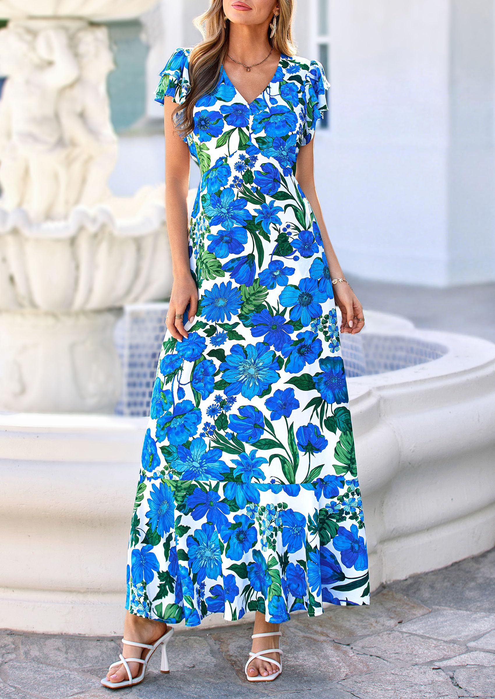 PRETTYGARDEN Spring Dresses for Women 2026 Summer Boho Floral Ruffle Short Sleeve Flowy Beach Wedding Guest Maxi Long Dress(Floral Blue,Large)