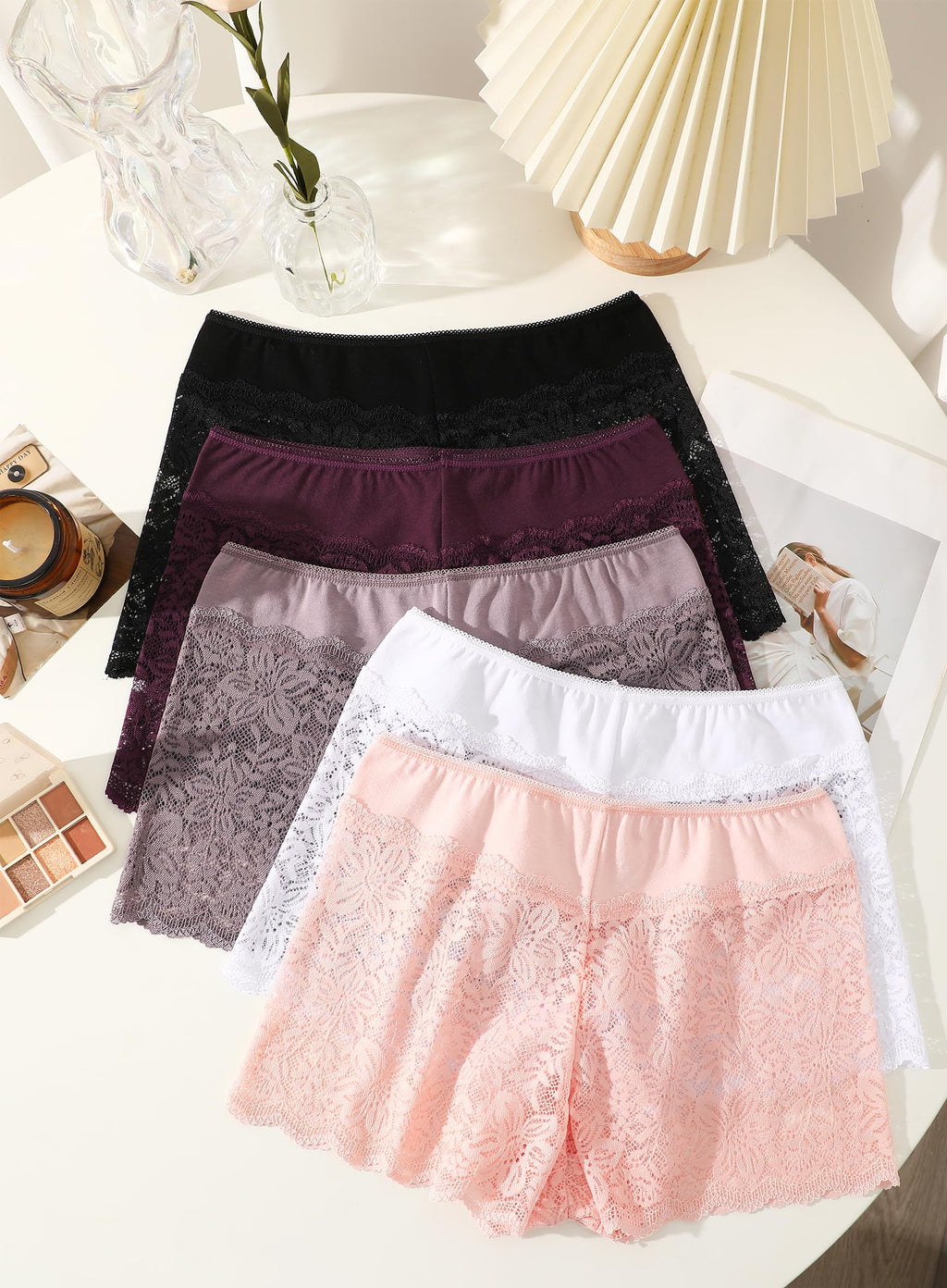 ALL OF SHE Lace Boyshort Sexy Underwear Womens Panties Cheeky Plus Size Lingerie Stretch Cotton Waistband S-3XL 5 Pack