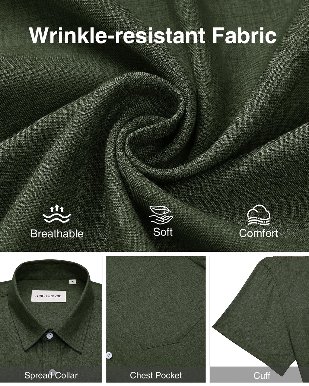 Alimens & Gentle Mens Linen Shirts Short Sleeve Button Down Shirts Wrinkle Free Casual Vacation Beach Summer Tops,Olive Green,M
