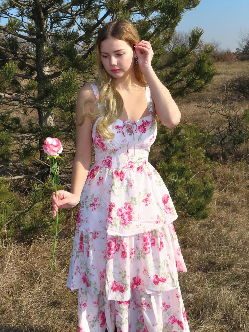Women's Wedding Guest Dresses Maxi Floral Dress Summer Ruffle Long Corset Milkmaid Dress Pink Rose Size 16