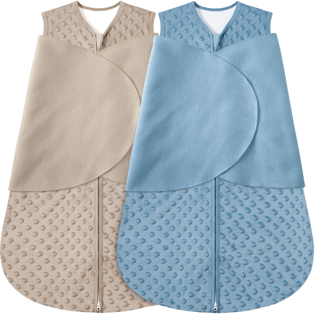 Fleece Newborn Sleep Sack Baby Swaddle,3-Way Adjustable Wearable Blanket,2 Pack Fleece Swaddling Sleeping Bag TOG 2.0， (Brown & Dark Green, 6-12 Months)