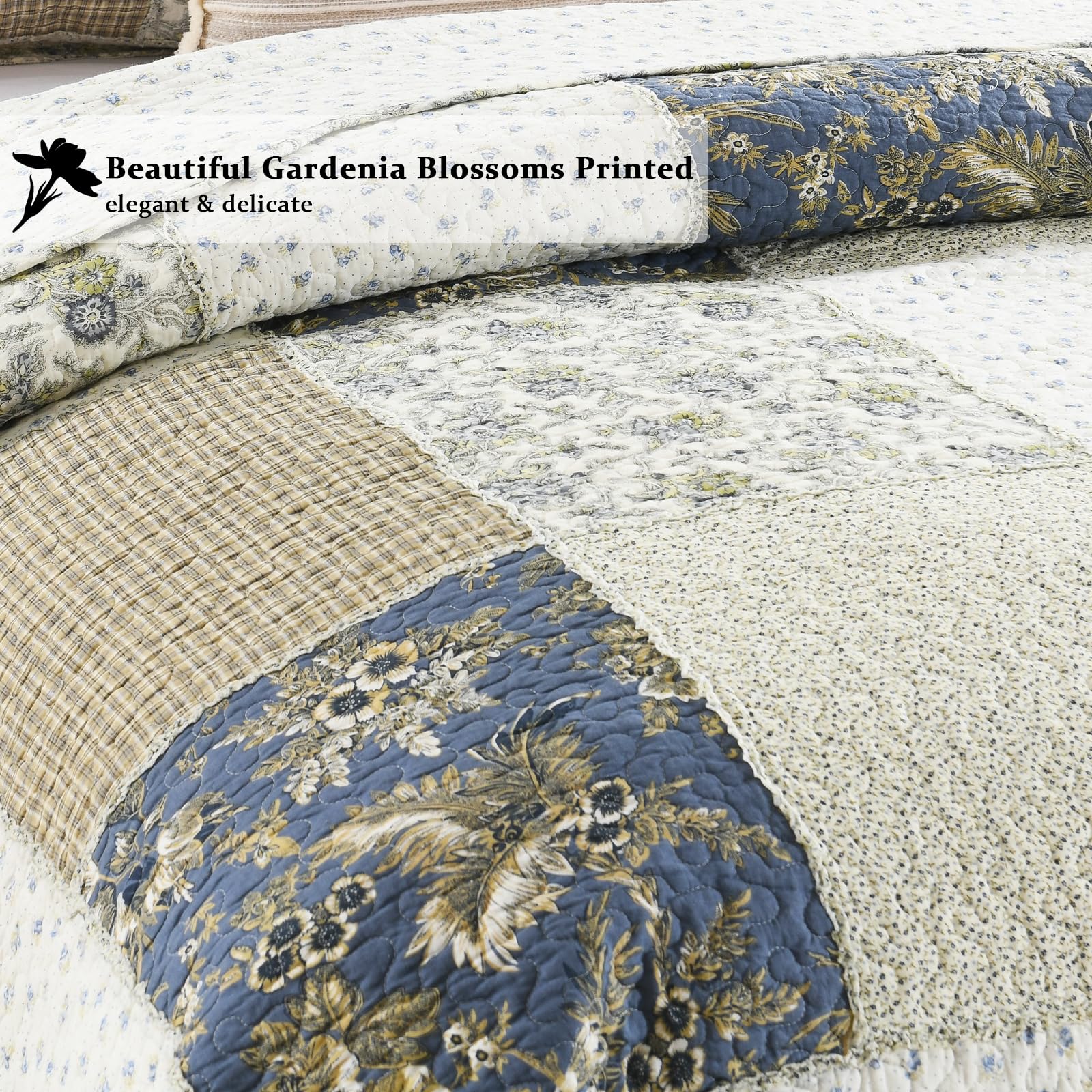 Yvooxny Quilt Set King Size Reversible Country Farmhouse Floral Real Patchwork Quilted Bedspread 3-Piece Quilt Set with Pillowcases with Ruffles for All Seasons, 96 x 108 Inches