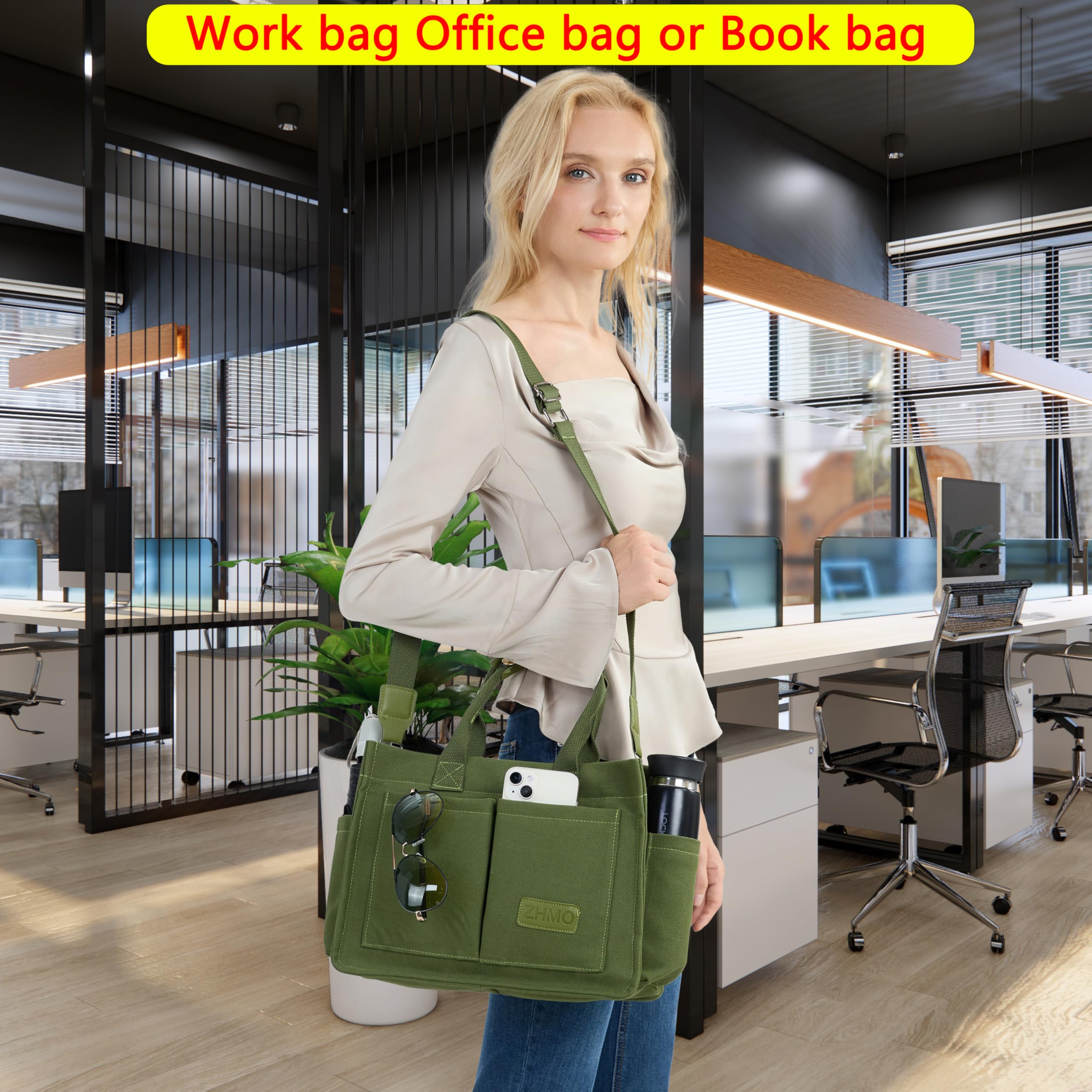 ZHMO Canvas Tote Bag for Women With Compartments and Zipper,Women's Bags Crossbody Bags Work Laptop Tote Bag Large Satchels Handbag Tote Purse Everyday Shoulder Bag for Travel Nurse Teacher Church