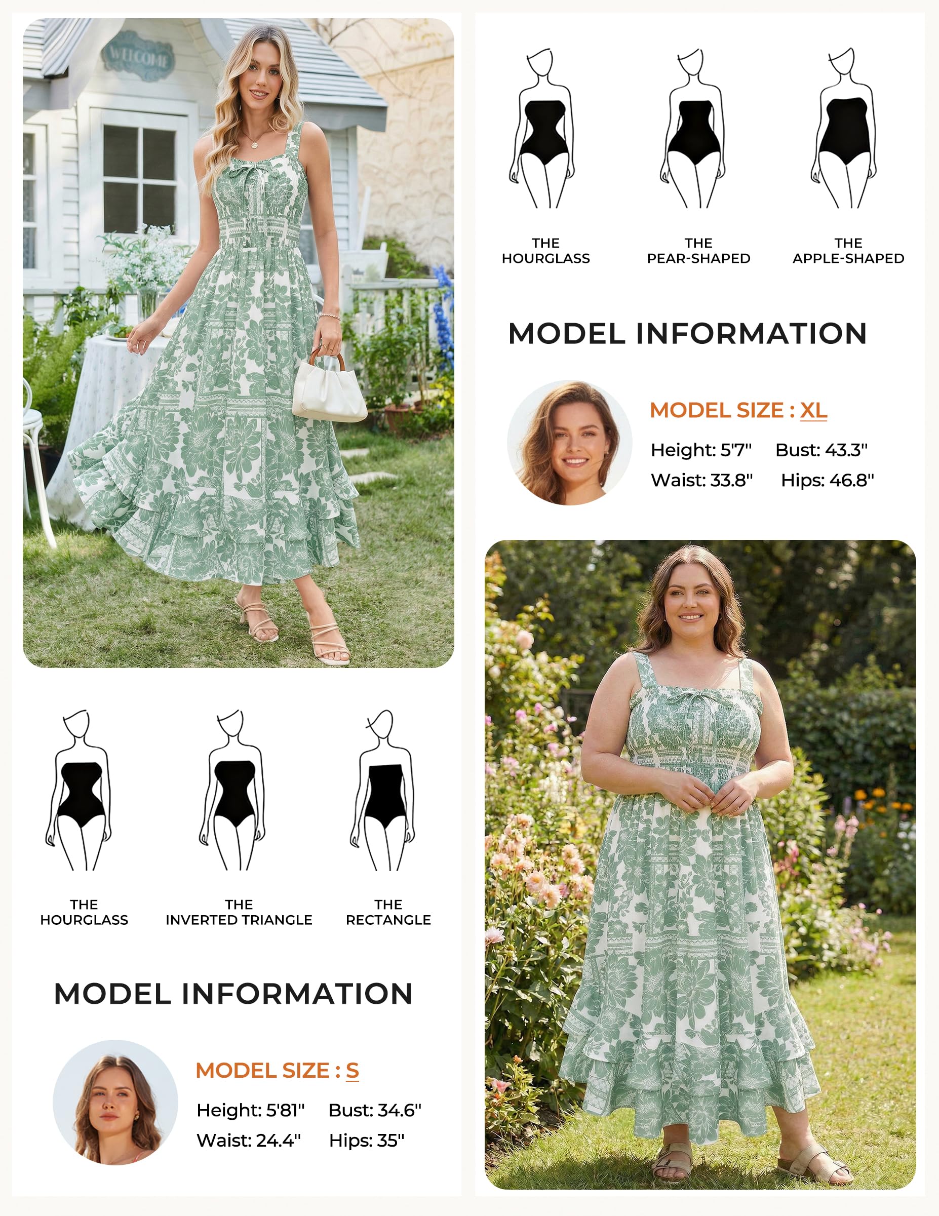 GRACE KARIN Women's 2026 Summer Floral Boho Dress Square Neck Strapped Swing A Line Sundress Beach Long Maxi Outfits White Green 2XL